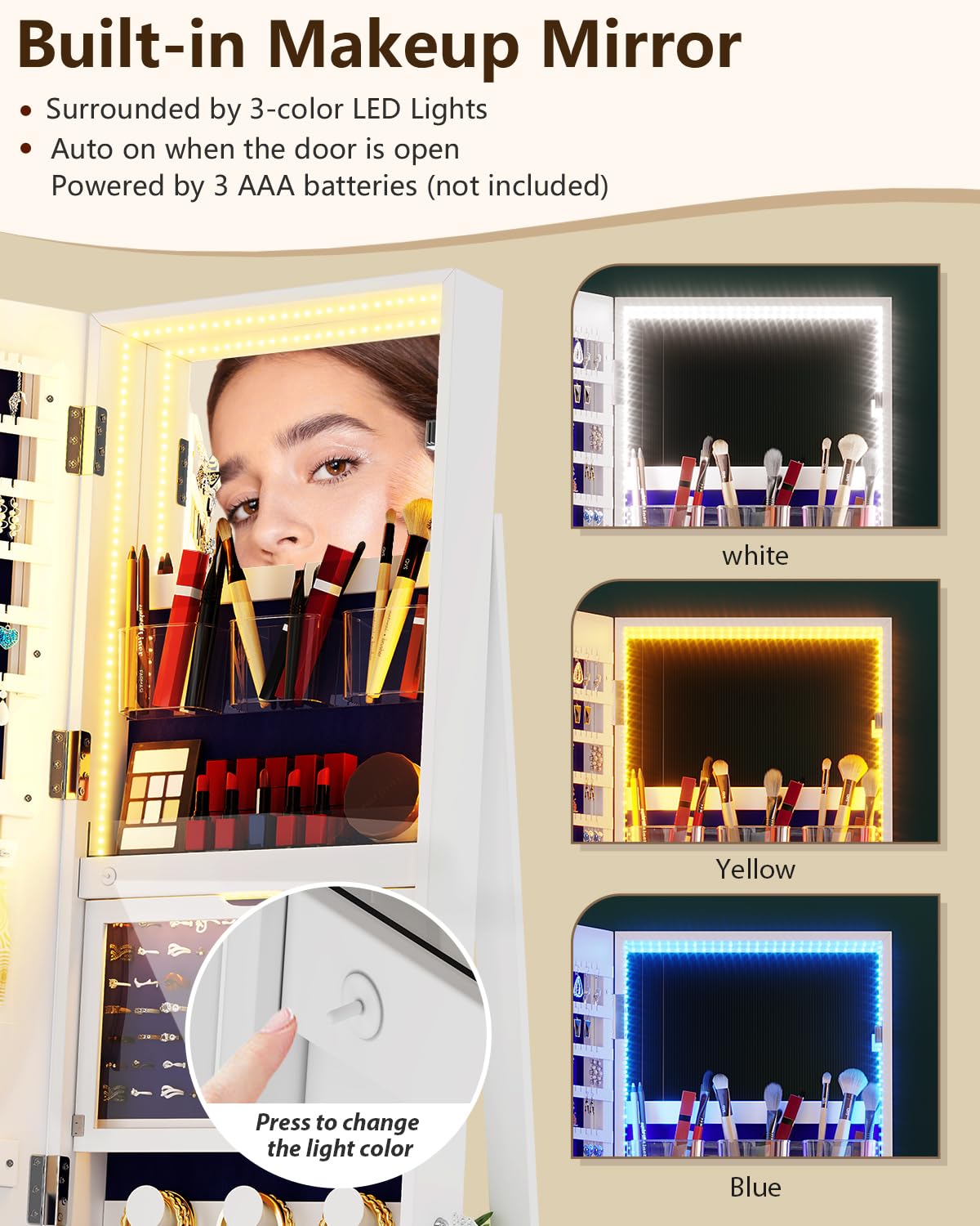 360° Rotating Jewelry Armoire with LED Lights & Full Length Mirror - 63
