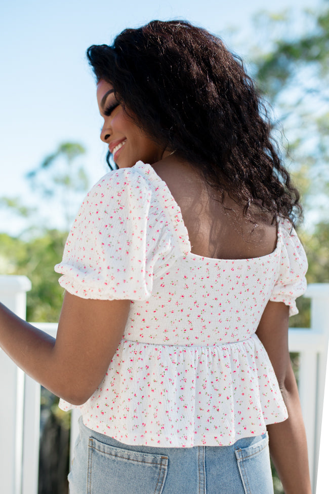 Elegant Ivory & Pink Floral Knit Top with Cinched Bust - Women's Fashion Blouse for Casual Outings & Date Nights - FINAL SALE