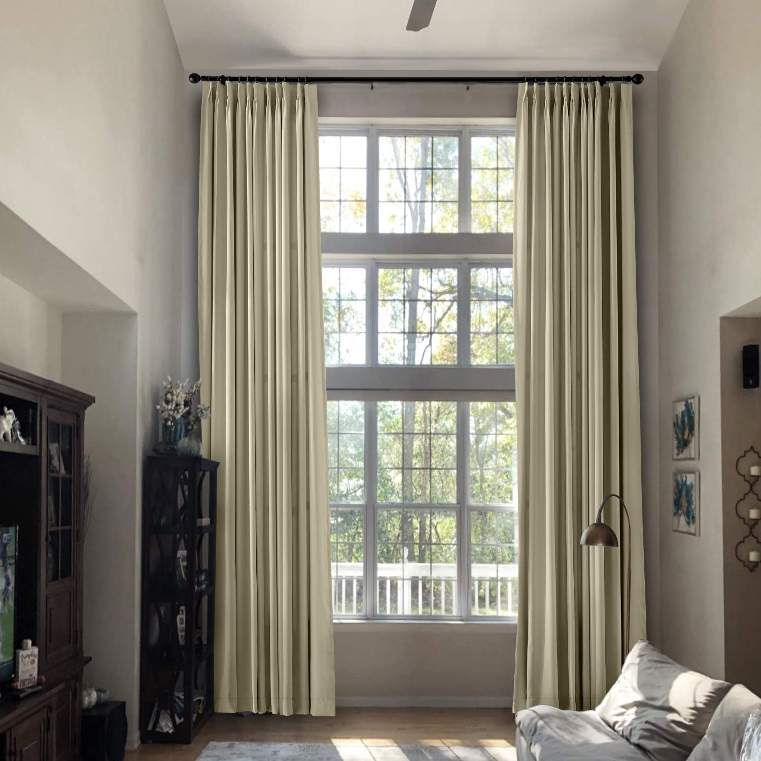 Prim Extra Long Kids Bedroom Curtains - Modern Blackout Pinch Pleat Drapes for Living Room & Loft Room Divider (Beige, 1 Panel) - Perfect for Nursery, Playroom & Home Theater Light Control