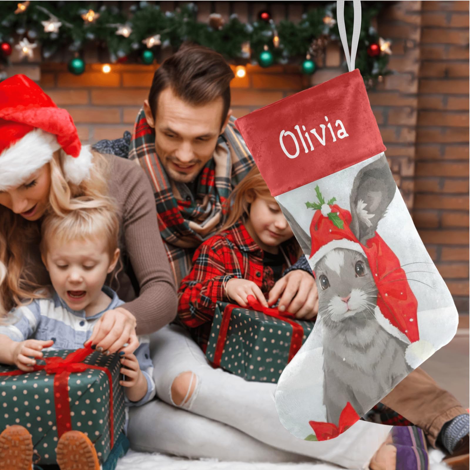Personalized Christmas Stockings with Name - Cute Bunny Rabbit Design for Family Holiday Decorations - Xmas Gift for Kids & Adults (17.52 x 7.87 Inch) - Perfect for Fireplace Mantel, Christmas Tree Decor & Festive Home Styling