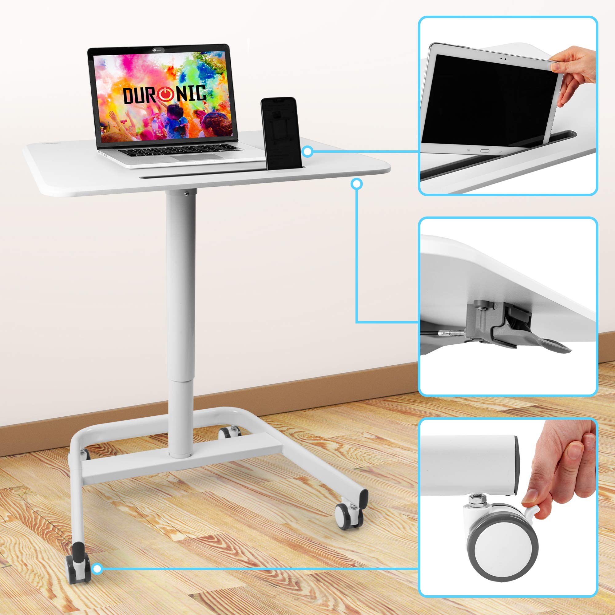 Duronic Adjustable Height Sit Stand Desk WPS77 - White Ergonomic Workstation with Tablet Holder | 71x50cm Portable Mobile Desk with Lockable Wheels | 15kg Weight Capacity for Home Office, Study & Gaming | Perfect for Adults & Kids Workspaces