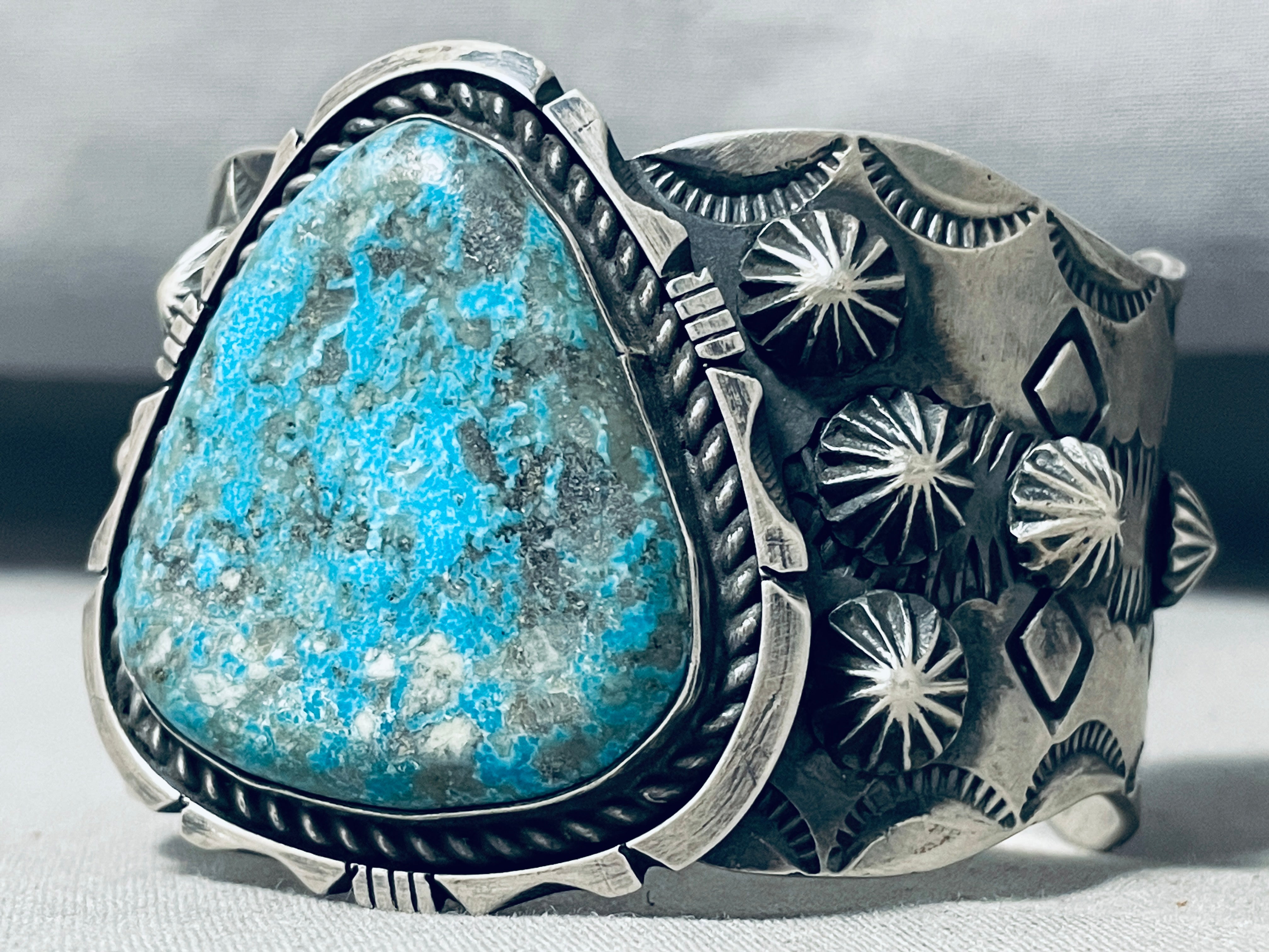121 Gram Heavy Native American Navajo Pilot Mountain Turquoise Sterling Silver Bracelet - Handmade Jewelry for Women, Boho Chic Accessories, Perfect for Weddings & Special Occasions