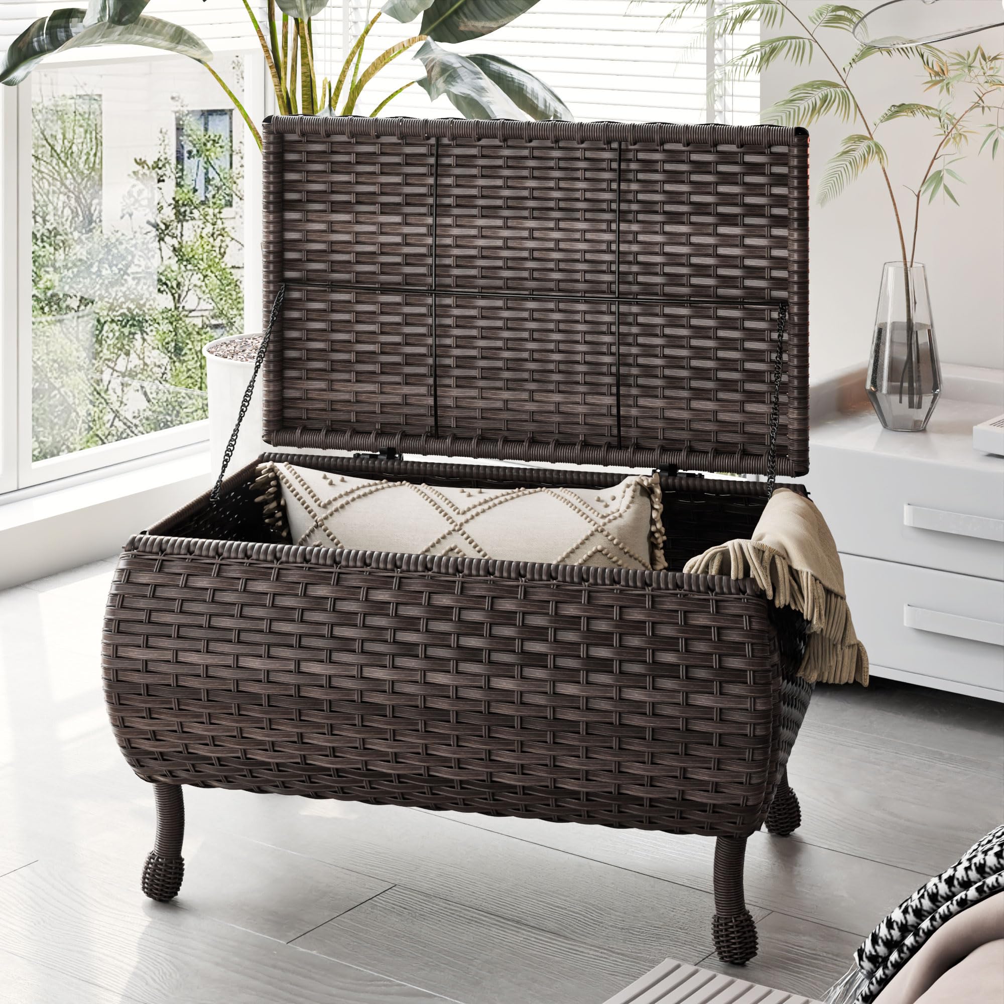 All-Weather Outdoor Storage Coffee Table - Wicker Rattan Patio Side Table with Storage for Garden Tools, Toys & Accessories | Perfect for Backyard, Deck & Poolside Use
