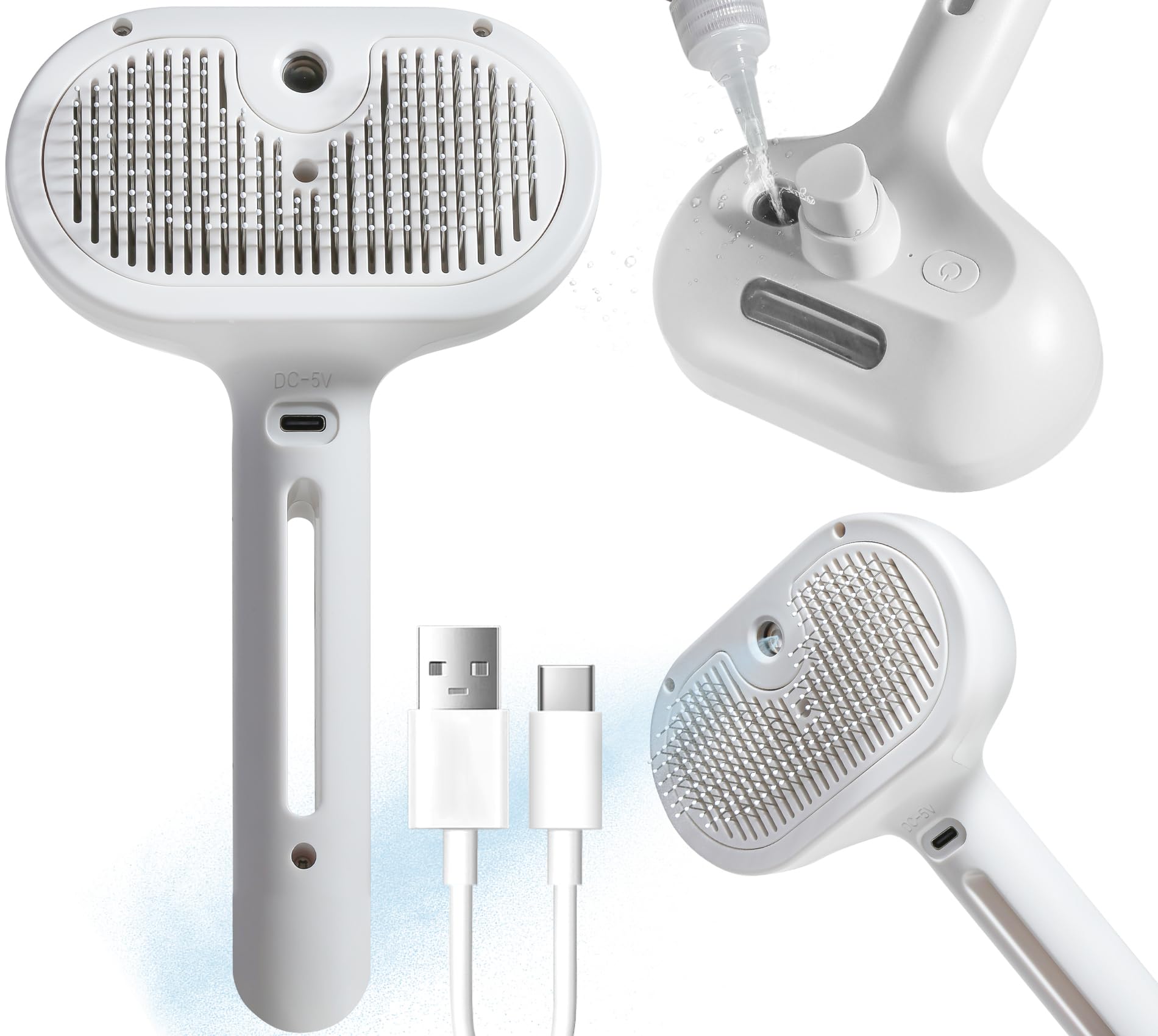 **Self-Cleaning Spray Cat Brush for Shedding - Water Tank Pet Hair Removal Comb with Release Button for Cats & Dogs - Steam Grooming Brush for Bathing & Deshedding - White (Perfect for Home Grooming & Pet Spa Days)**