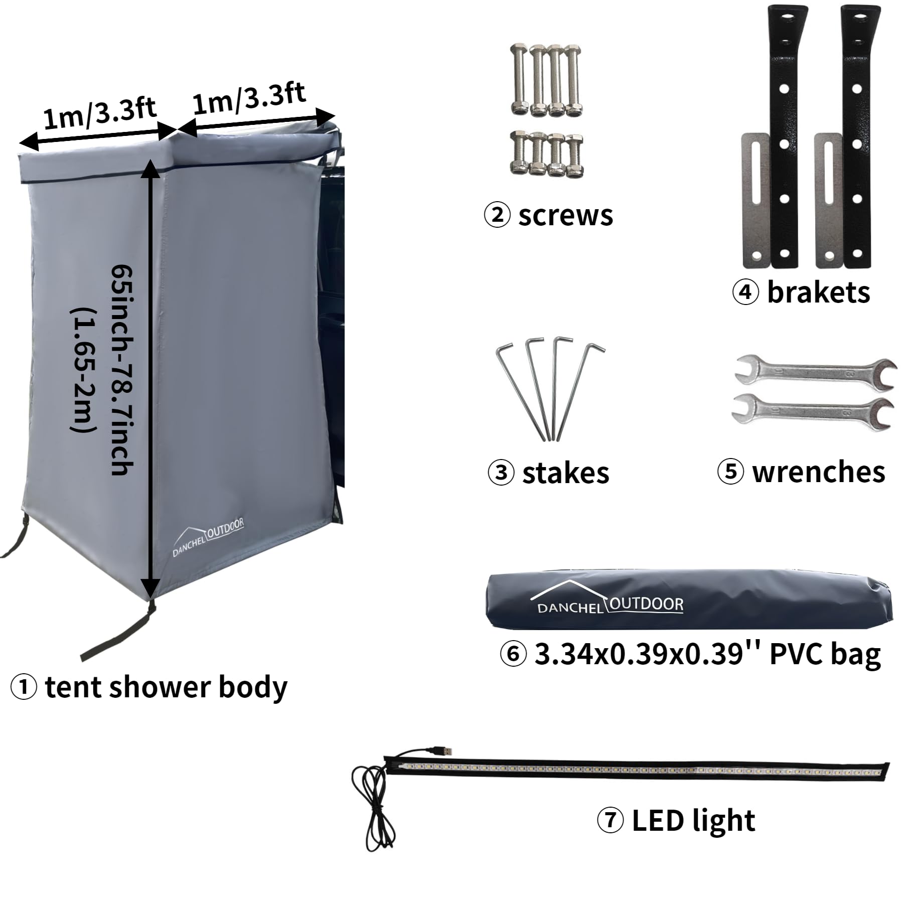 DANCHEL OUTDOOR Portable Car Shower Tent for Overland Camping - 3.3x3.3ft Waterproof Privacy Shower Awning with LED Light & 4 Enclosures | Changing Room for Beach, Off-Road & RV Trips | Gray Camping Shower Shelter for Outdoor Adventures