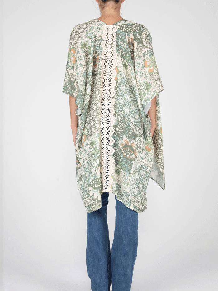 Miss Me MJ0638S Women's Floral Print Kimono with Crochet Trim - Green Boho Chic Cover Up for Beach, Pool & Summer Outfits