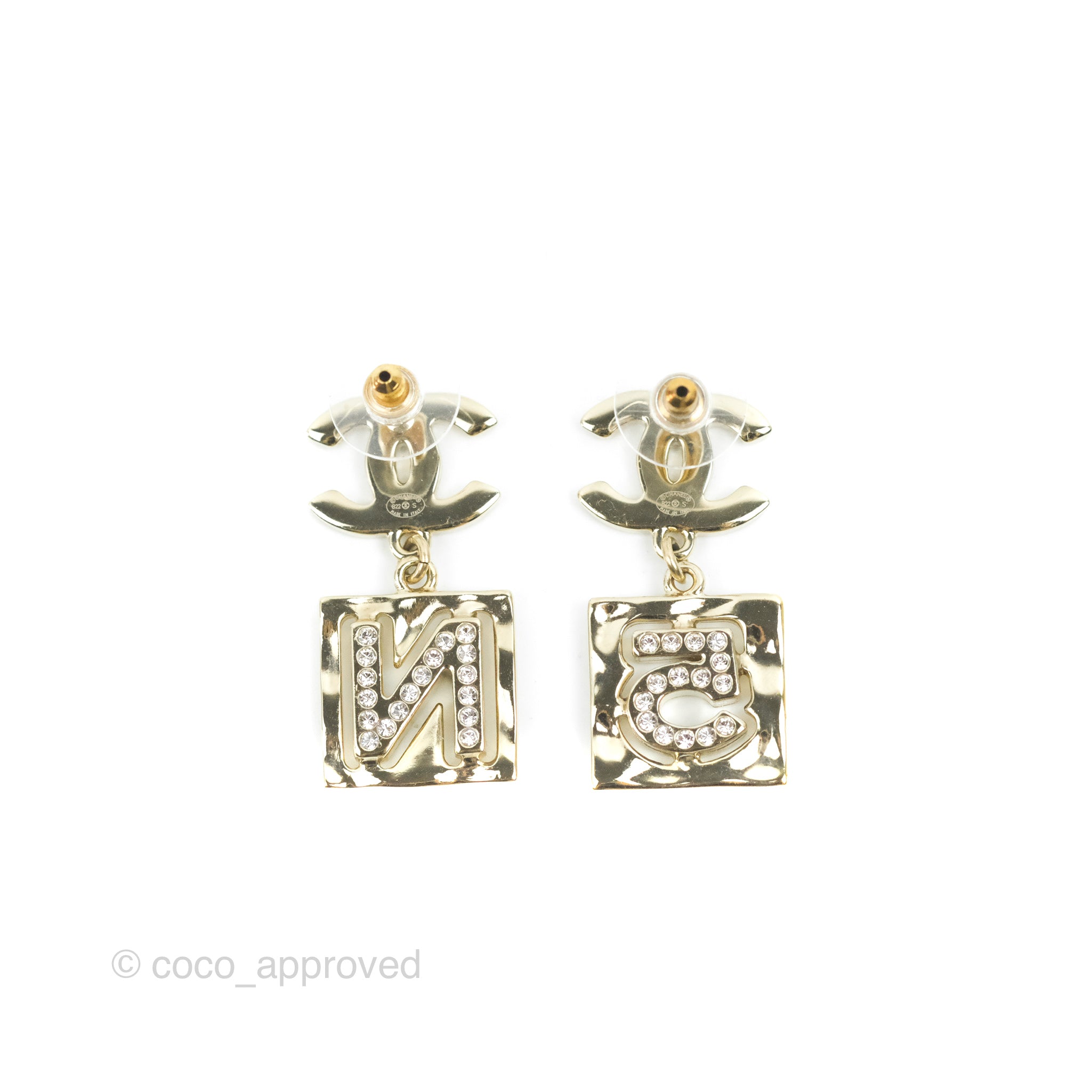 Chanel CC Crystal No.5 Drop Earrings in Gold Tone - 22S Collection | Luxury Fashion Jewelry for Women, Perfect for Parties, Weddings & Special Occasions