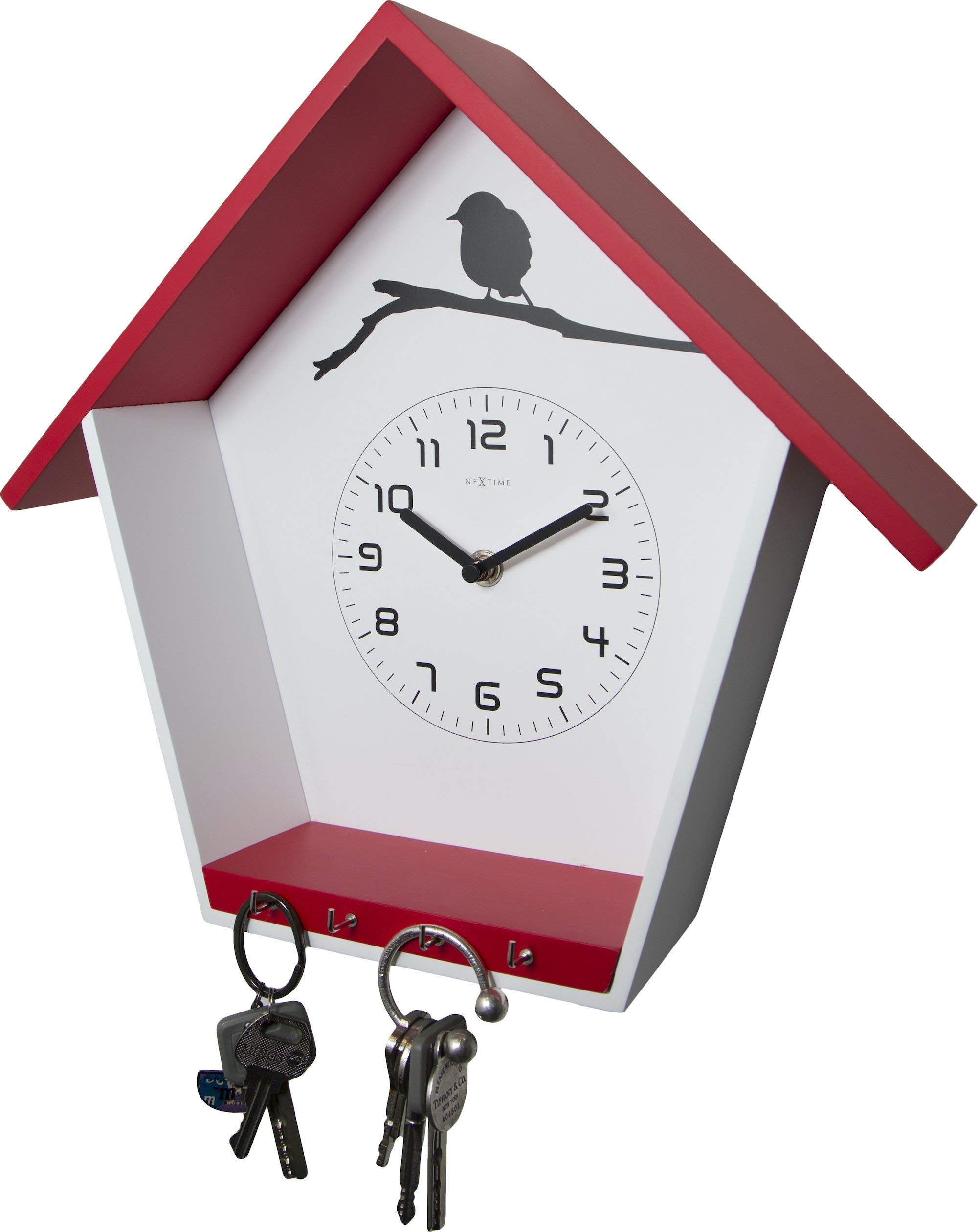 NEXTIME Cuckey Wooden Wall Clock - Red, Silent Non-Ticking, Battery Operated - Perfect for Living Room, Bedroom, Kitchen & Office Decor