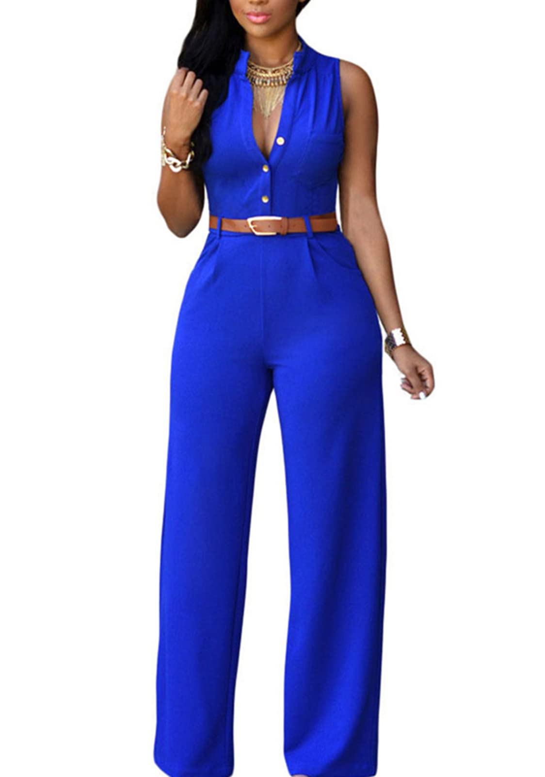 Women's Solid Color Deep V-Neck Button Down High Waist Jumpsuit with Belt - Wide Leg Romper for Casual Wear, Office Outfits & Summer Fashion