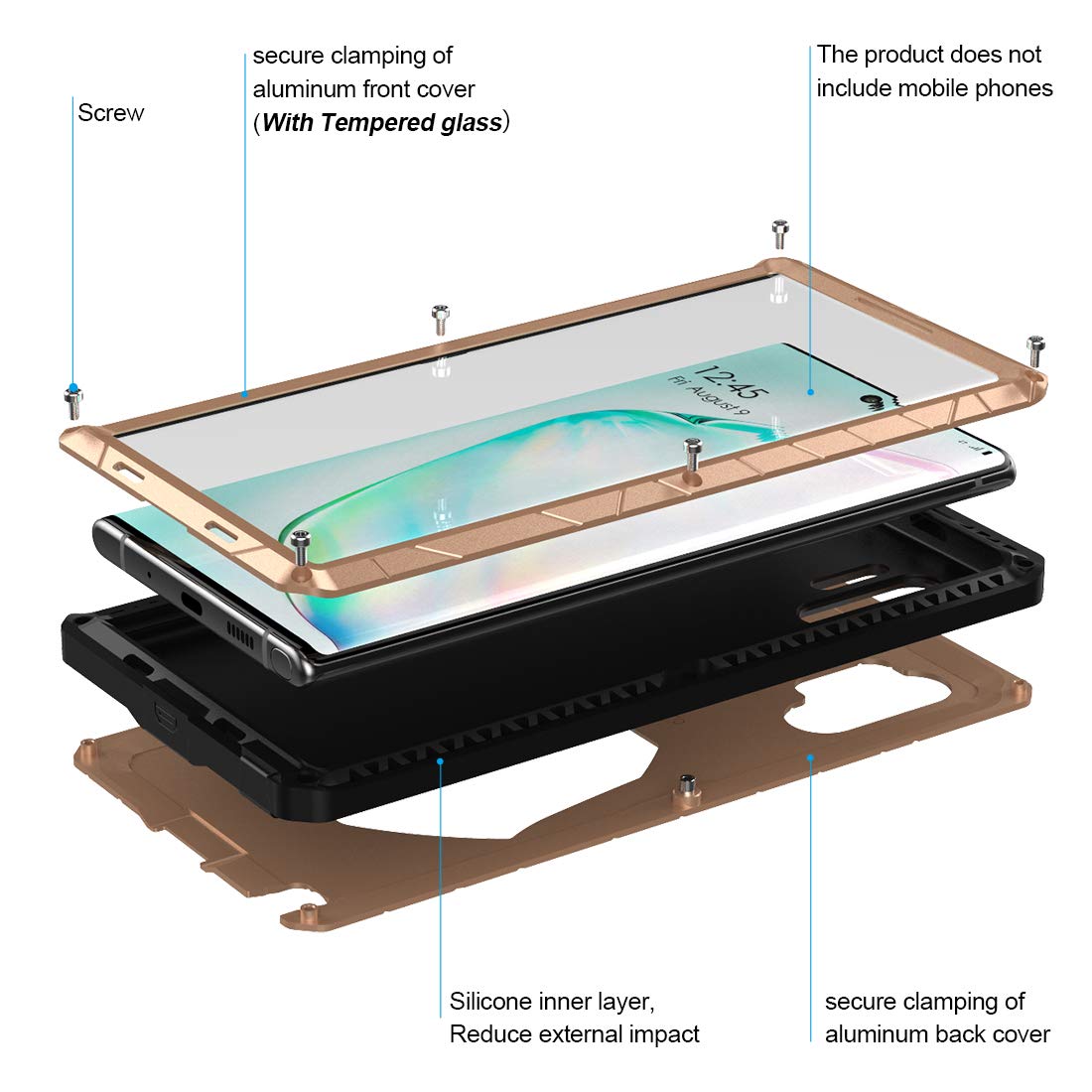 Feitenn Heavy Duty Metal Case for Samsung Galaxy Note 10 Plus/Note 10+ 5G - Military Grade Shockproof Armor with Gorilla Glass Cover & Aluminum Bumper (Gold) | Perfect for Outdoor Adventures, Construction Work & Extreme Protection
