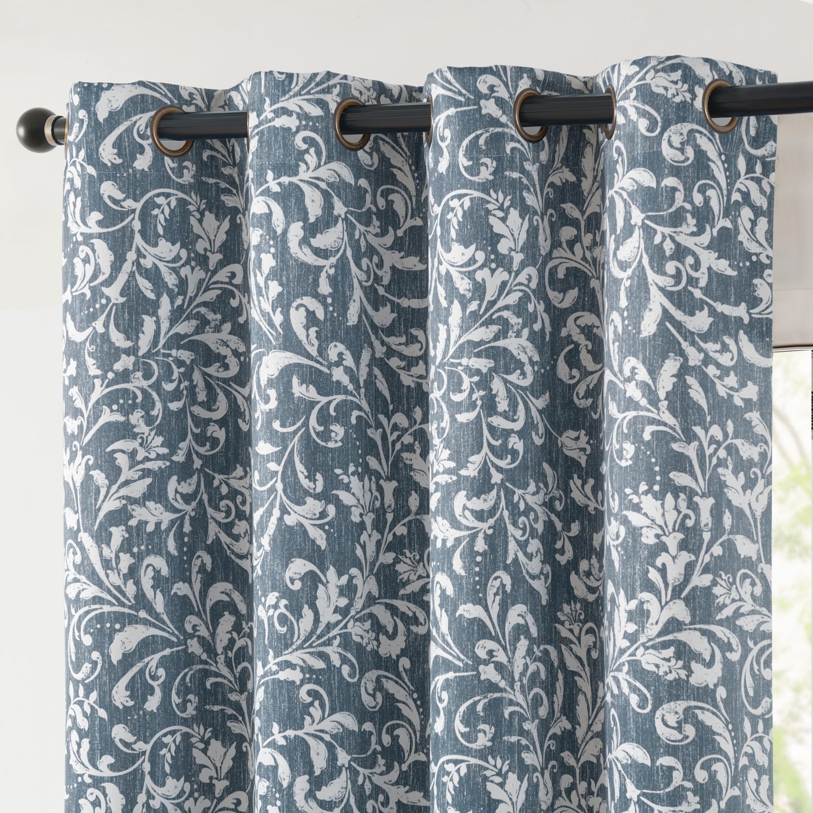 Jinchan 100% Blackout Curtains - Thermal Insulated Grommet Window Drapes with Blue Scroll Floral Pattern (72 Inch Length, Set of 2 Panels) for Bedroom, Living Room & Farmhouse Decor | Vintage Art Deco Style for Light Blocking & Energy Saving