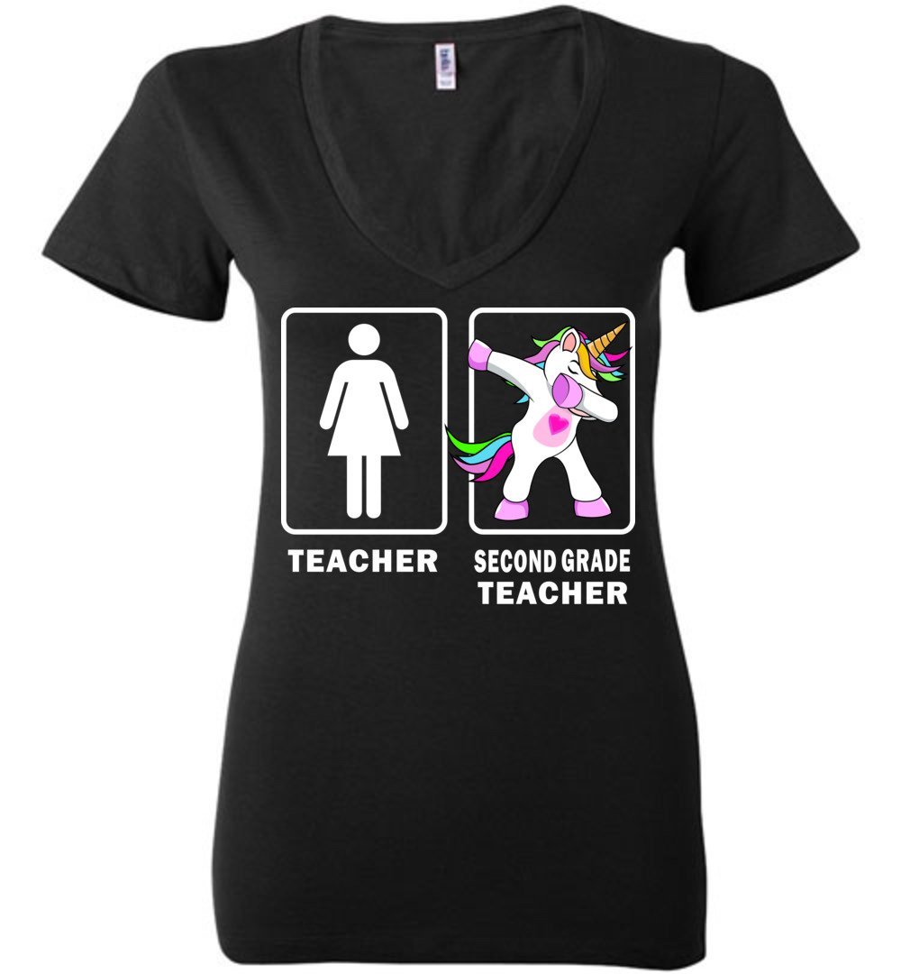 Funny 2nd Grade Teacher Appreciation Gifts - Dabbing Unicorn Tiny Humans Black V-Neck T-Shirt for Women | Perfect for Teacher Week, End of Year Gifts & Classroom Celebrations