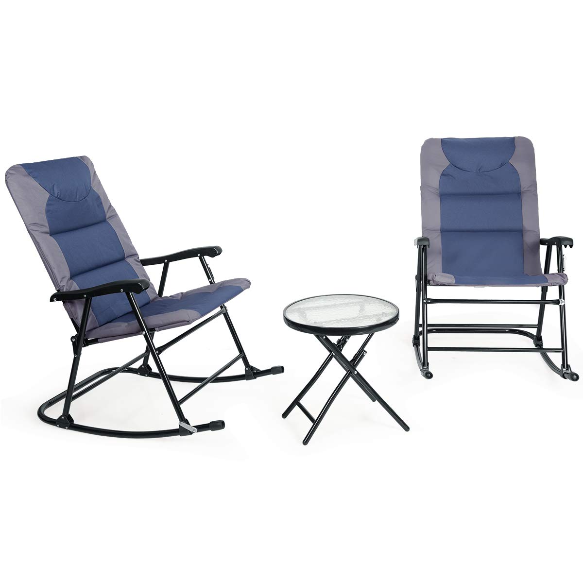 RELAX4LIFE 3-Piece Outdoor Bistro Set with 2 Foldable Rocking Chairs & 1 Tempered Glass Table - Patio Furniture for Balcony, Garden, Backyard, Deck (Blue) | Perfect for Relaxing, Entertaining Guests, and Enjoying Morning Coffee Outdoors