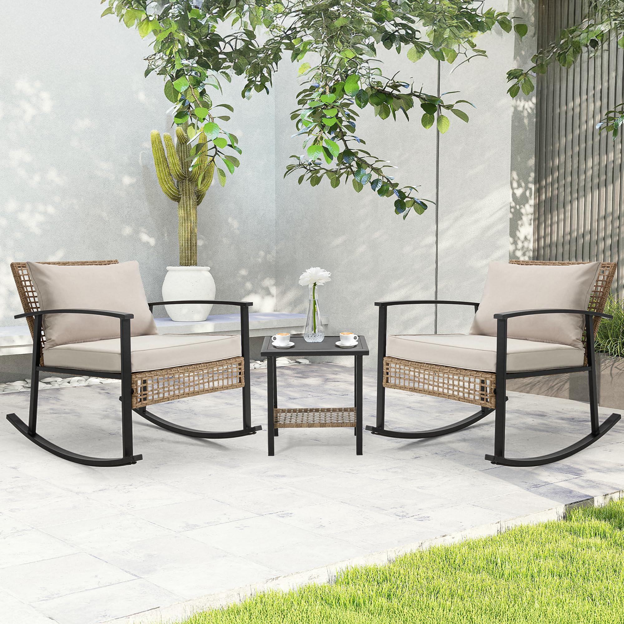 AVAWING 3-Piece Outdoor Rocking Bistro Set - Rattan Patio Chairs with 2-Tier Coffee Table, Modern Oversized Conversation Furniture Set with Thick Cushions & Pillows - Perfect for Balcony, Porch, Garden, Backyard or Poolside (Grey)
