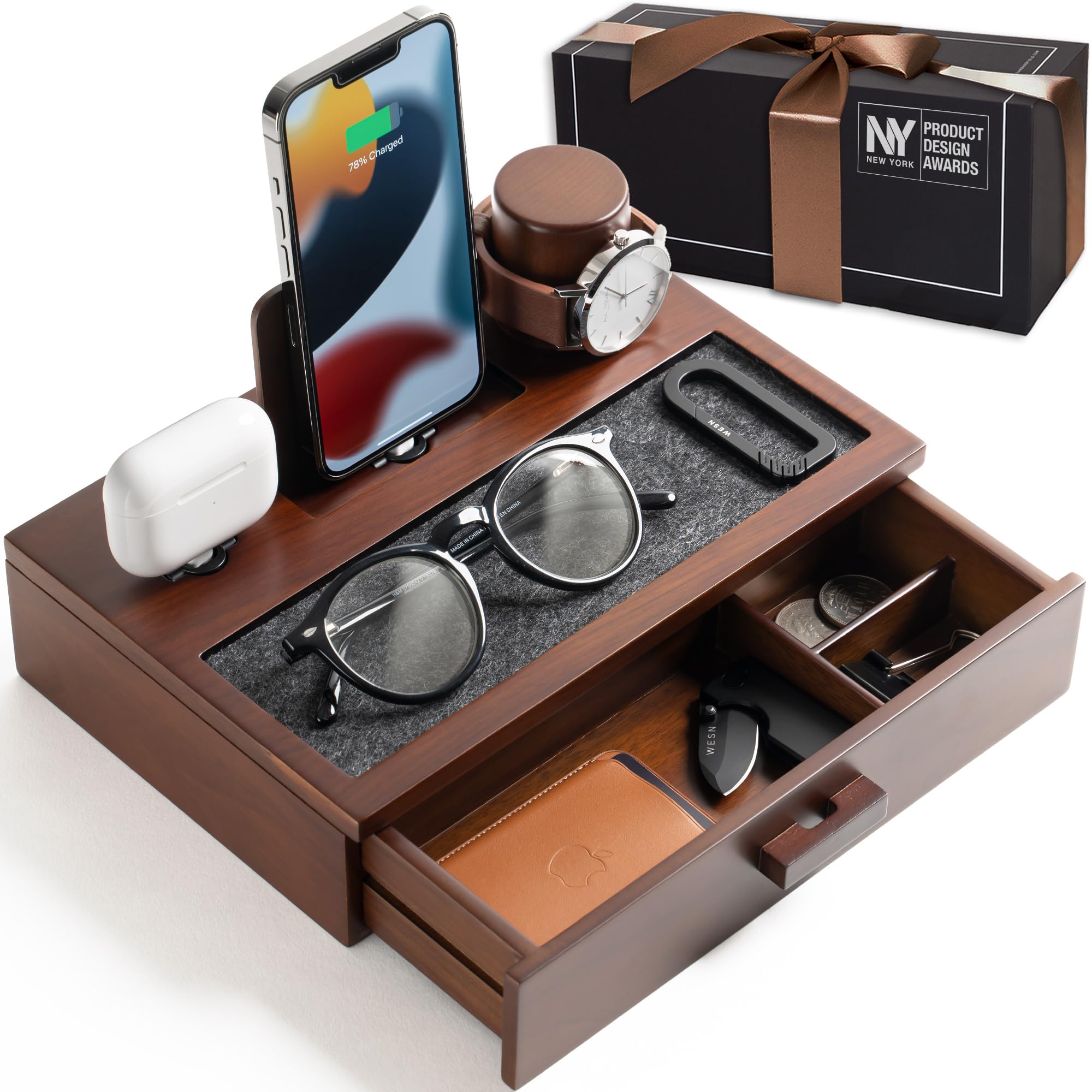 Holme & Hadfield Premium Wooden Phone Docking Station with Drawer – Nightstand Organizer for Charging Phone & Earbuds – Felt-Lined Protection & Watch Pillar – Declutter Your Space – Perfect Gift for Men – Ideal for Bedroom, Office & Travel Organization