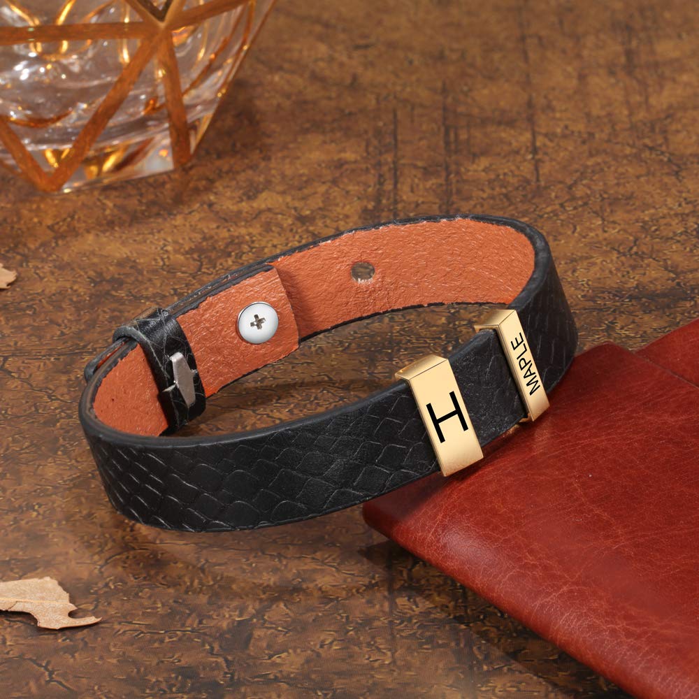 **Personalized Men's Leather Bracelet with Custom Beads - Free Engraving for 2-4 Names - Adjustable Bangle for Boyfriend, Husband, or Gift - Perfect for Anniversaries, Birthdays & Special Occasions**