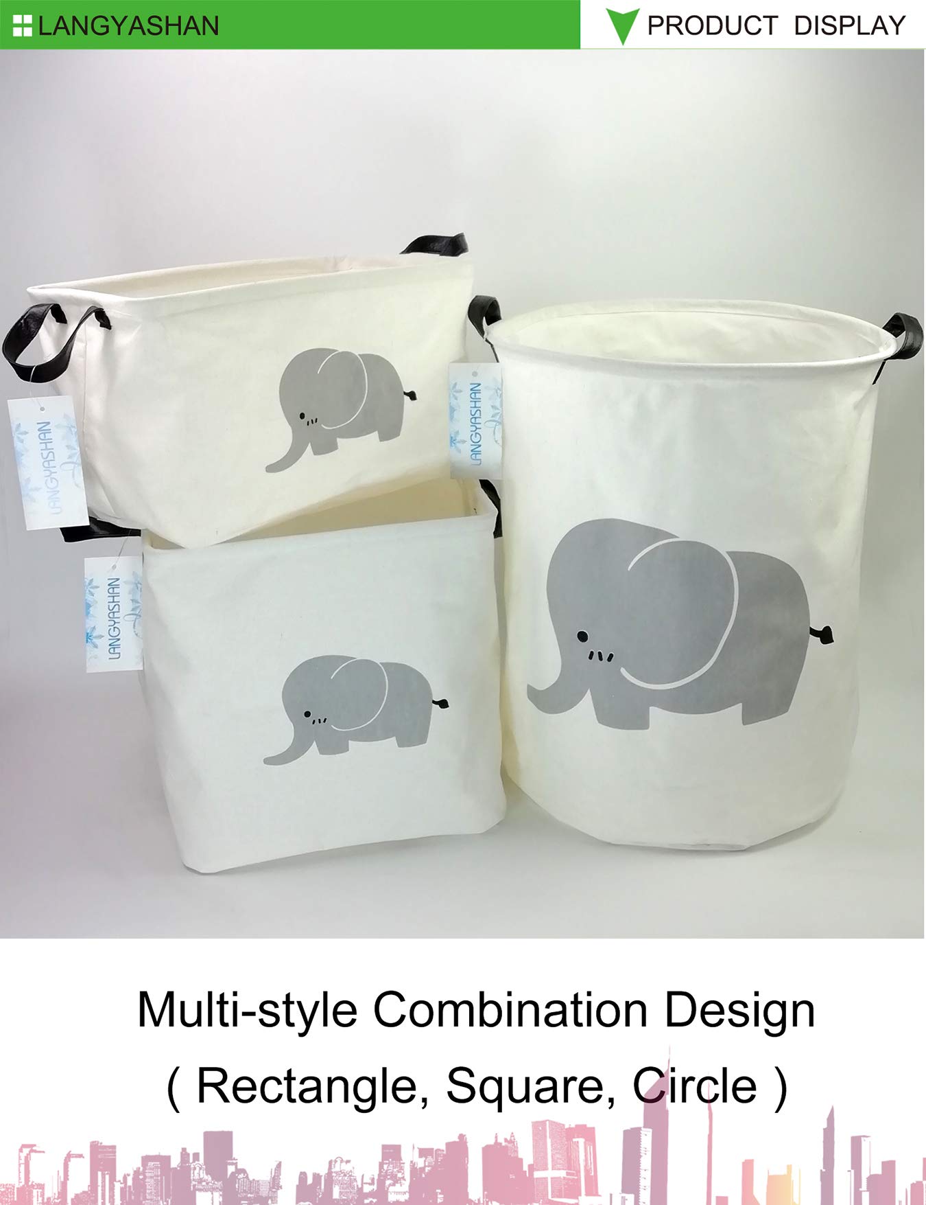 LANGYASHAN Square Storage Baskets - Waterproof Canvas Laundry Hamper for Kids, Nursery Toy Organizer, Shelves Decor Gift Basket (Elephant Design) - Perfect for Baby Room, Playroom & Closet Organization