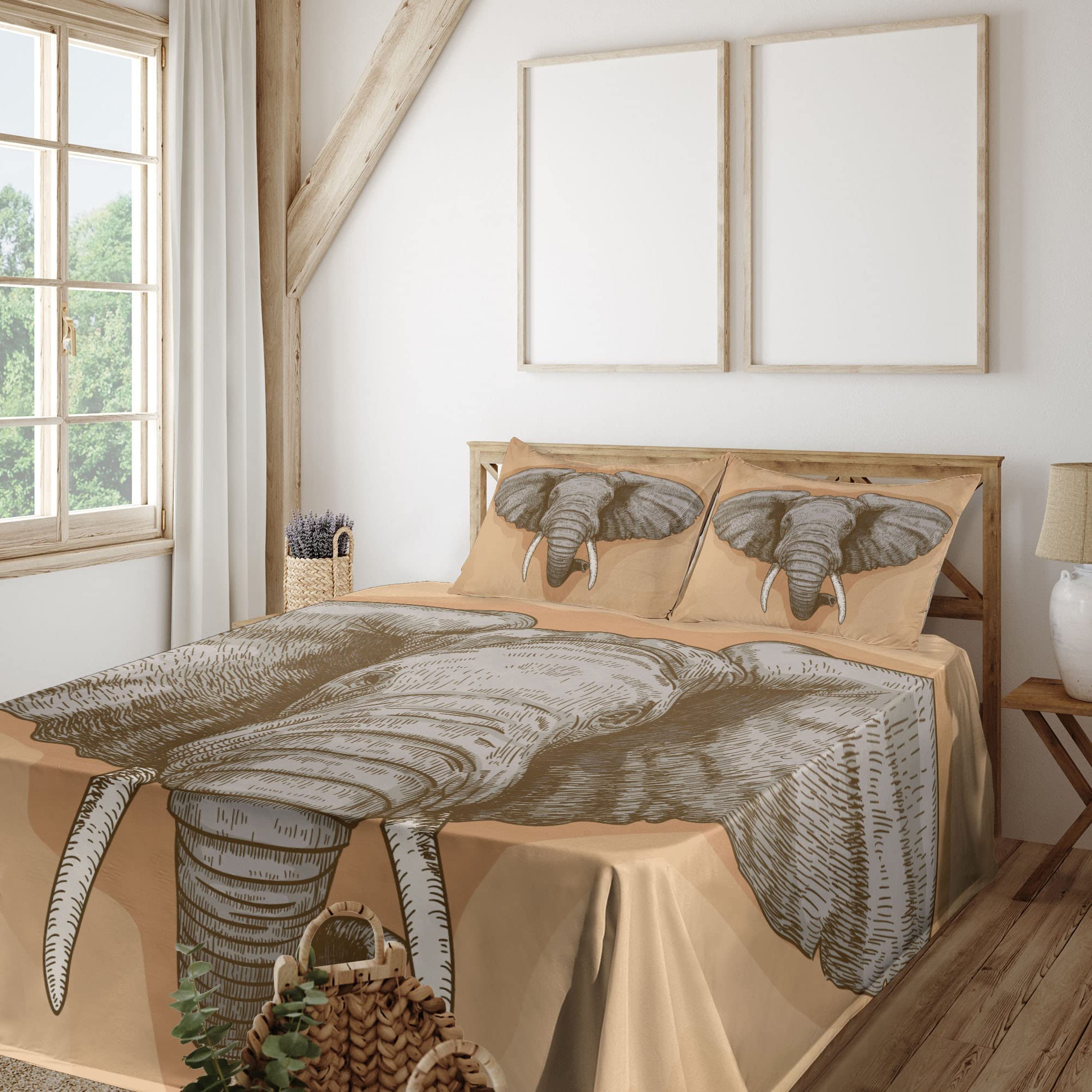 Ambesonne Vintage Animal Print 4-Piece Sheet Set - King Size, Almond Grey - Boho Wild Animal Engraving Design Fitted & Flat Sheets with Pillowcases - Perfect for Bohemian Bedrooms, Guest Rooms & Nature-Themed Home Decor
