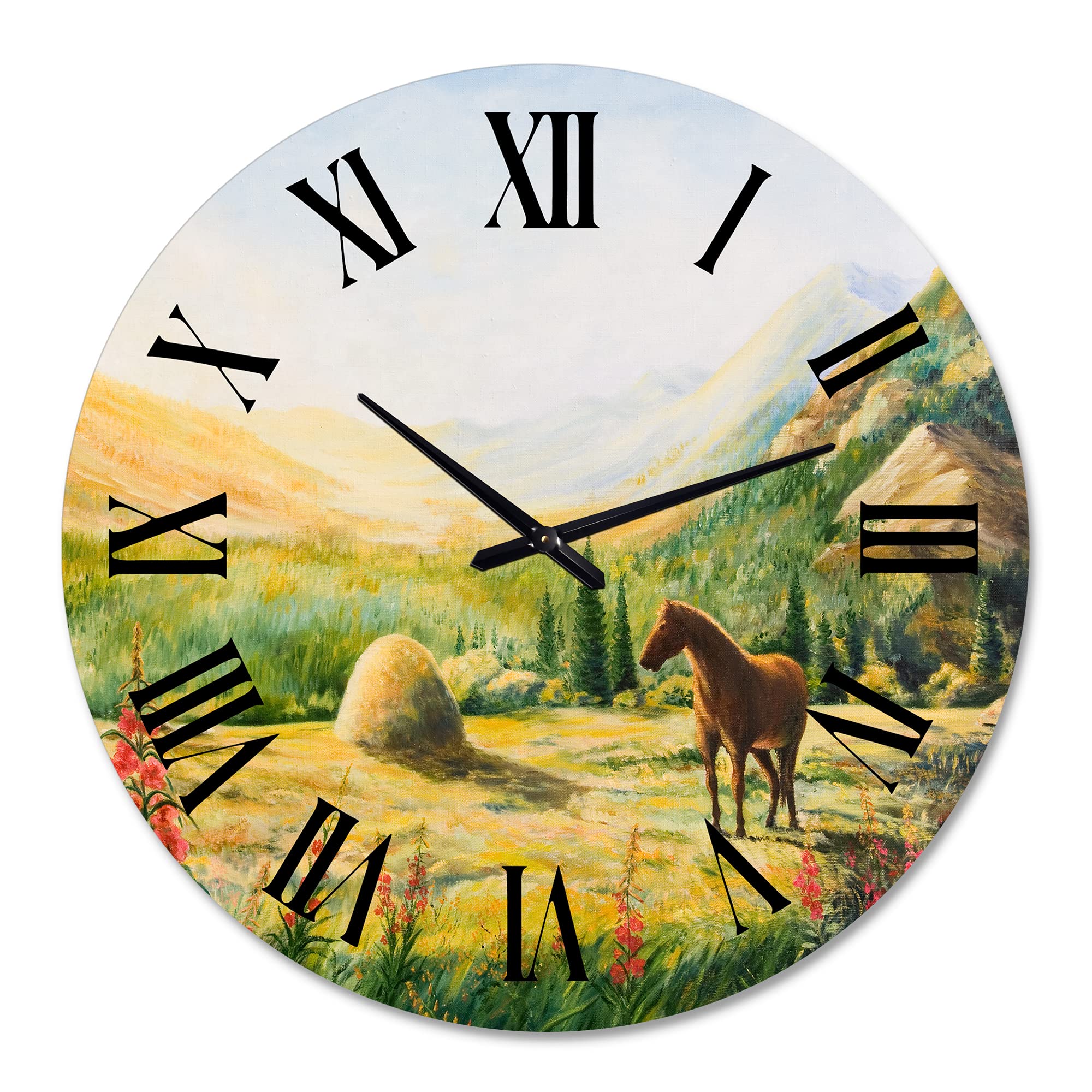 Farmhouse Wall Clock - Large Rustic 'Morning Sun in The Mountains with Horse' Decor for Living Room, Bedroom & Kitchen | Perfect for Country Style Home Decor