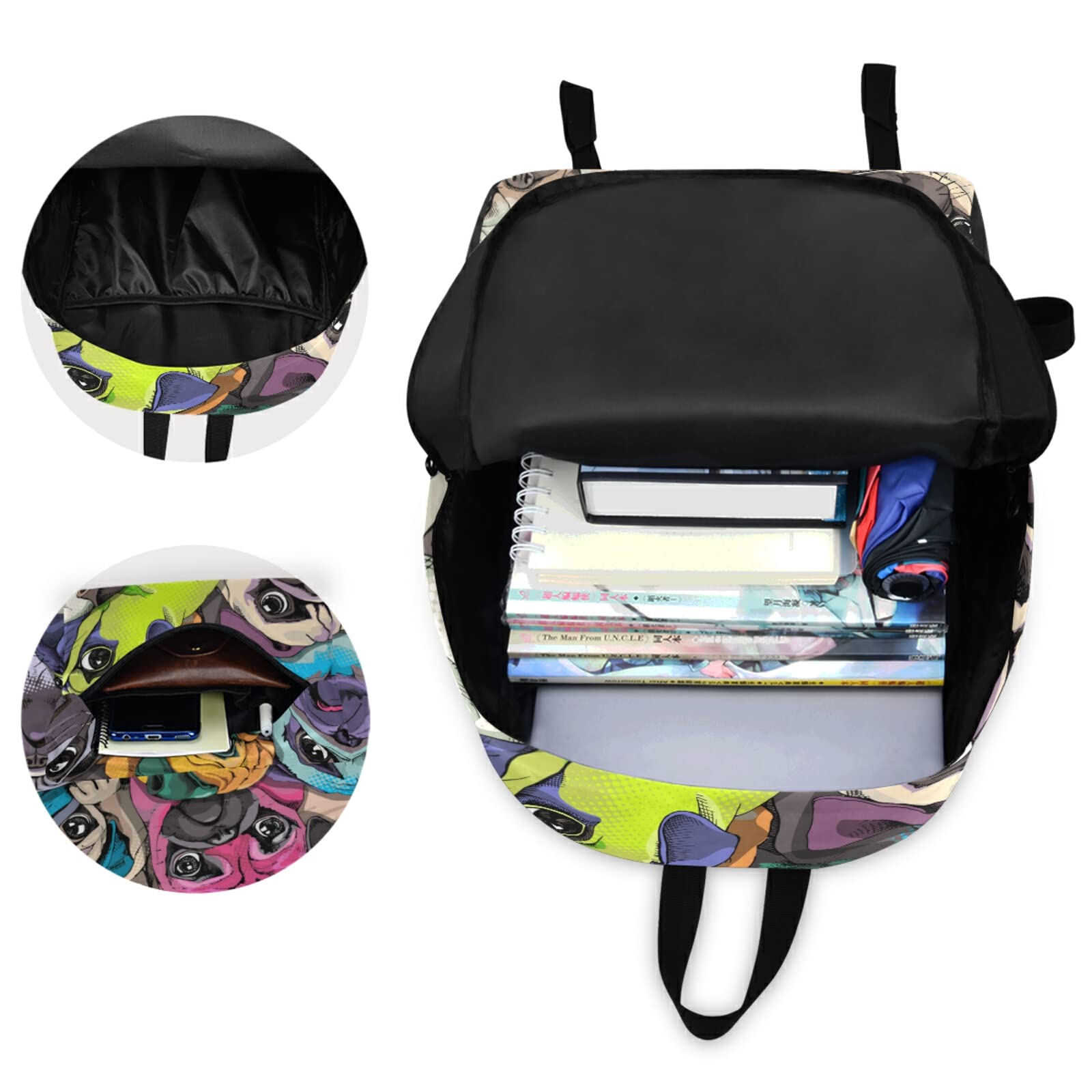 Fustylead Colorful Pugs Large Backpack for Kids - Durable School Bag for Boys & Girls with Multiple Pockets, Fits Laptop, iPad & Tablet - Perfect for Travel, School & Daily Use