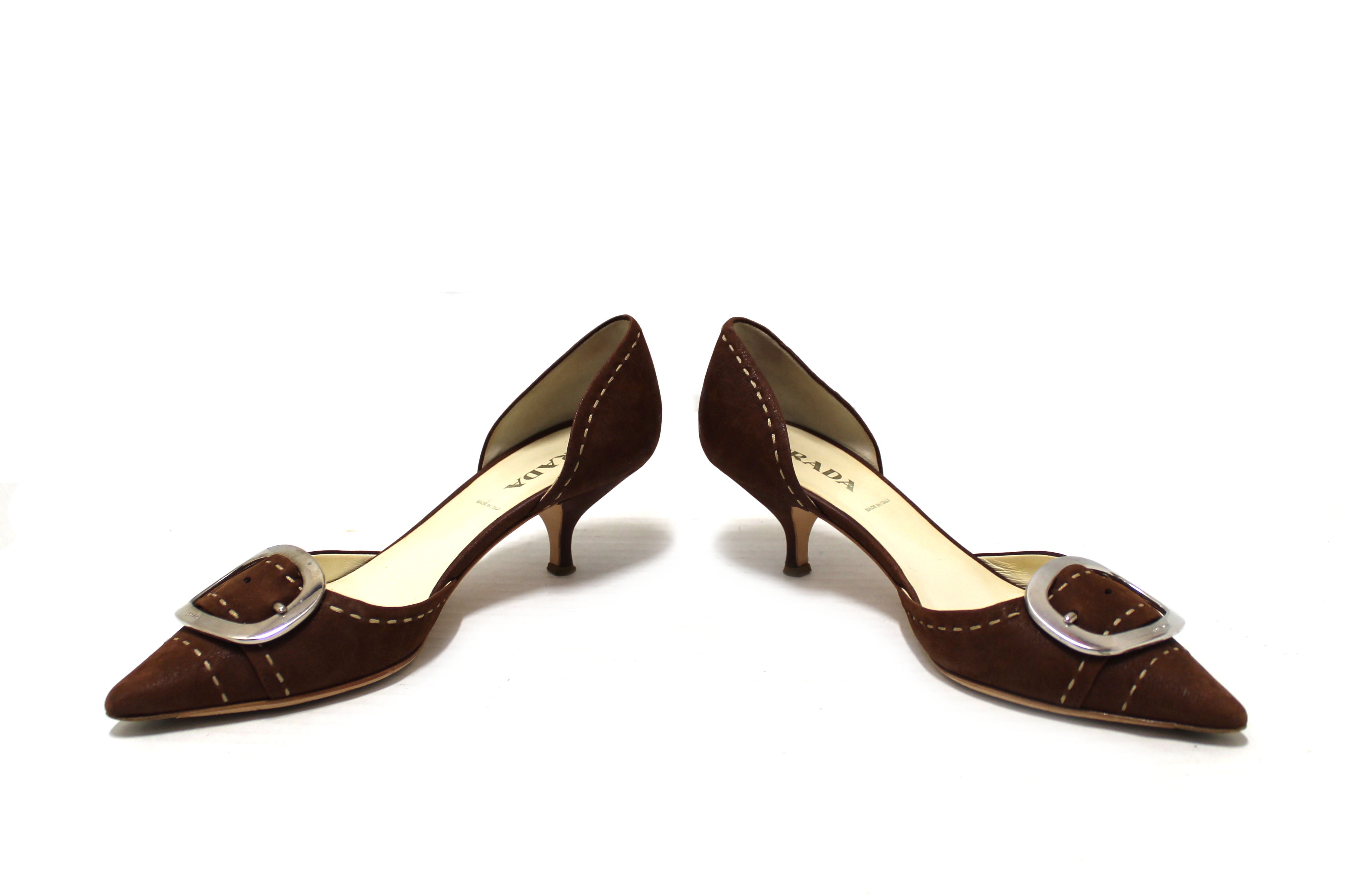 Authentic Prada Brown Suede Buckle Kitten Heels Women's Size 36.5 | Luxury Designer Shoes for Office, Party & Special Occasions