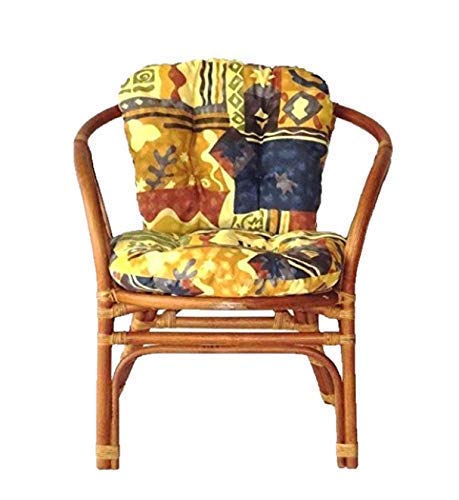 Natural Rattan Wicker Bahama Armchair Set with Cushion & Round Coffee Table - Tropical Style Lounge Furniture for Patio, Porch, Beach House & Garden Decor