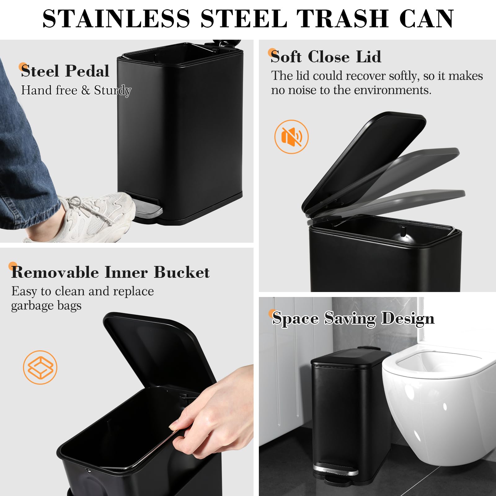 Premium 7-Piece Matte Black Bathroom Accessories Set - Includes Trash Can, Soap Dispenser, Toothbrush Holder, Soap Dish, Vanity Tray & Q-Tip Holder - Modern Bathroom Decor for Home, Hotel & Spa Use