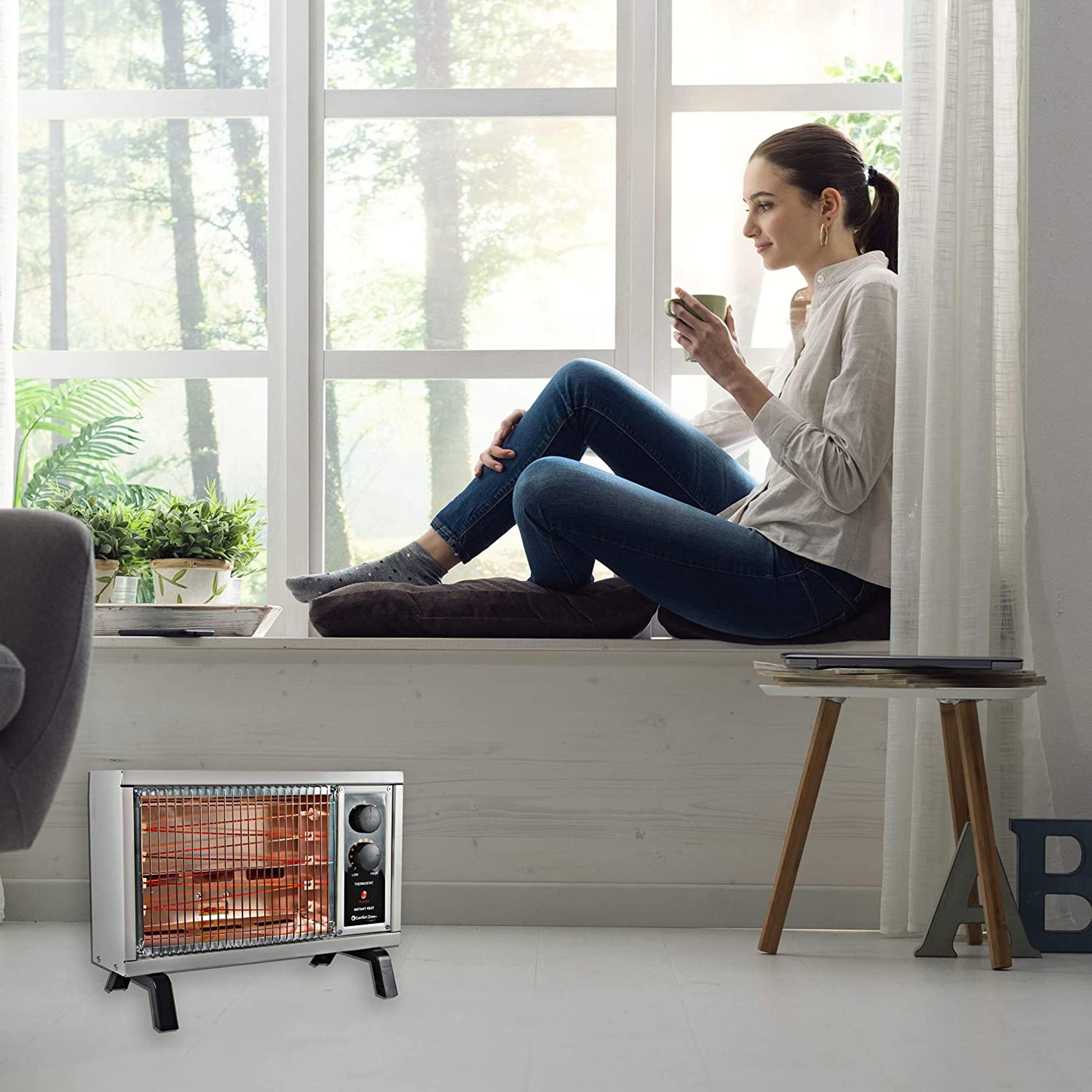 1500W Portable Electric Space Heater with Adjustable Thermostat - Indoor Radiant Heater for Home, Office & Patio - Covers Up to 1000 Sq.Ft (White) - Perfect for Winter Warmth & Energy-Efficient Heating