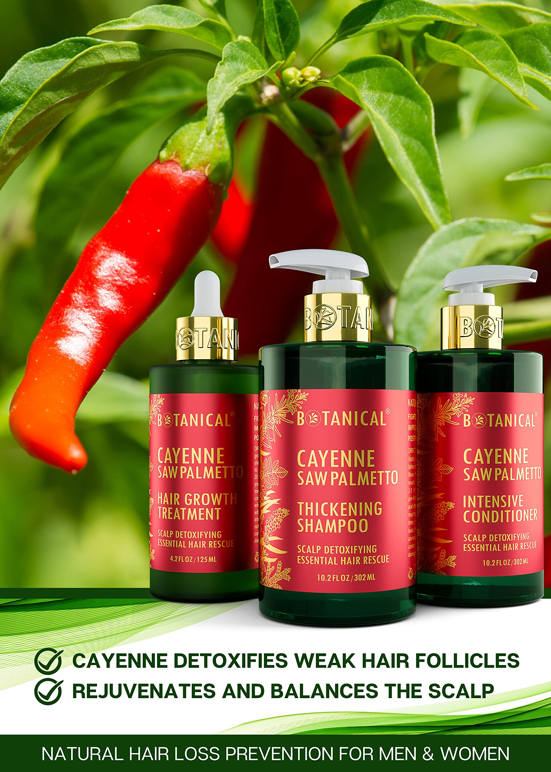 Botanical Hair Growth Treatment & Scalp Detox Shampoo with Cayenne & Saw Palmetto - Thickening Shampoo and Anti-Thinning Conditioner for Hair Loss in Women & Men | Promotes Healthy Hair Growth for Daily Use & Styling