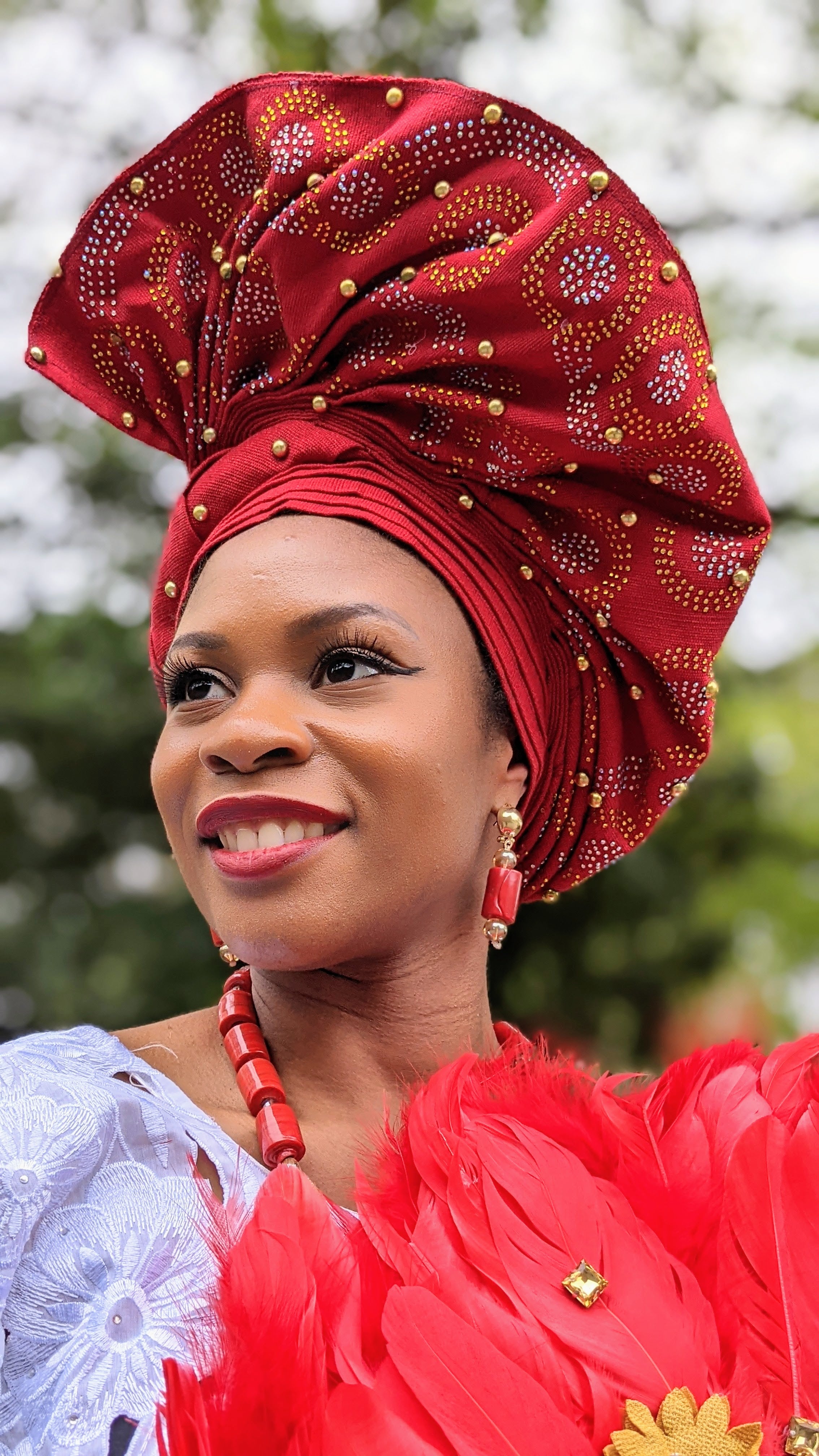 African Pre-Tied Red Salewa Aso Oke Ready Auto Gele Head Wrap Hat with Gold & Silver Rhinestones - Elegant Headpiece for Weddings, Parties & Cultural Events (DPARGS02)