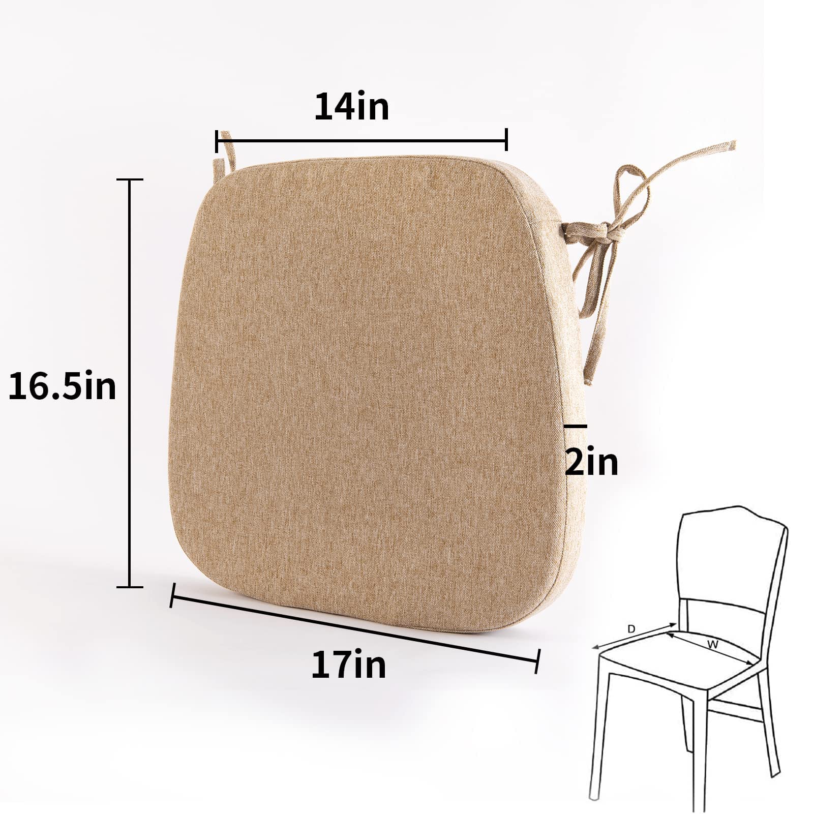 Non-Slip Kitchen Chair Cushions with Ties - 17x16.5 Inch High-Density Foam Seat Pads for Dining Chairs, Machine Washable Beige Chair Covers - Perfect for Home, Office, Restaurant & Outdoor Use