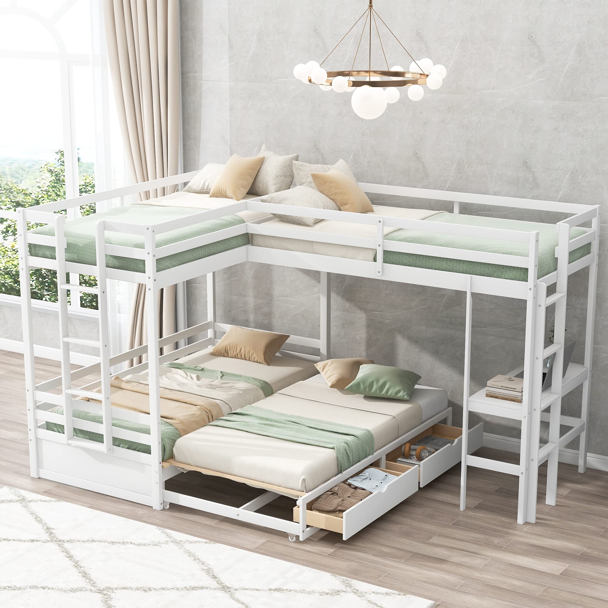 Twin Over Twin/King L-Shaped Bunk Bed with Built-in Desk & 2 Drawers - Space-Saving Wooden Loft Bed Frame for Kids & Teens - Perfect for Small Bedrooms, Guest Rooms & Dormitories (White, Twin Size)