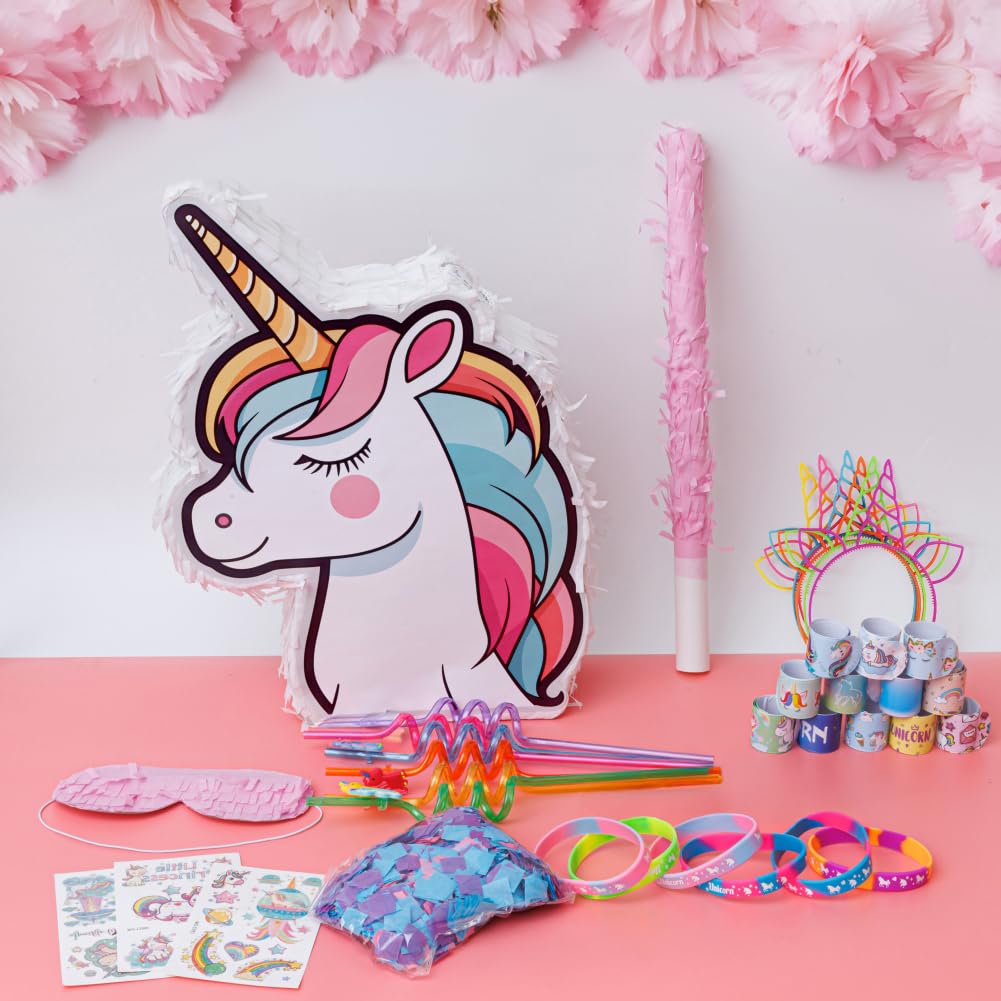 Unicorn Pinata Party Supplies for Girls - Birthday Party Favors Set with Headbands, Stickers, Bracelets, Keychains & Silicone Bands | Perfect for Unicorn Themed Birthday Parties, Baby Showers & Kids' Celebrations (White)