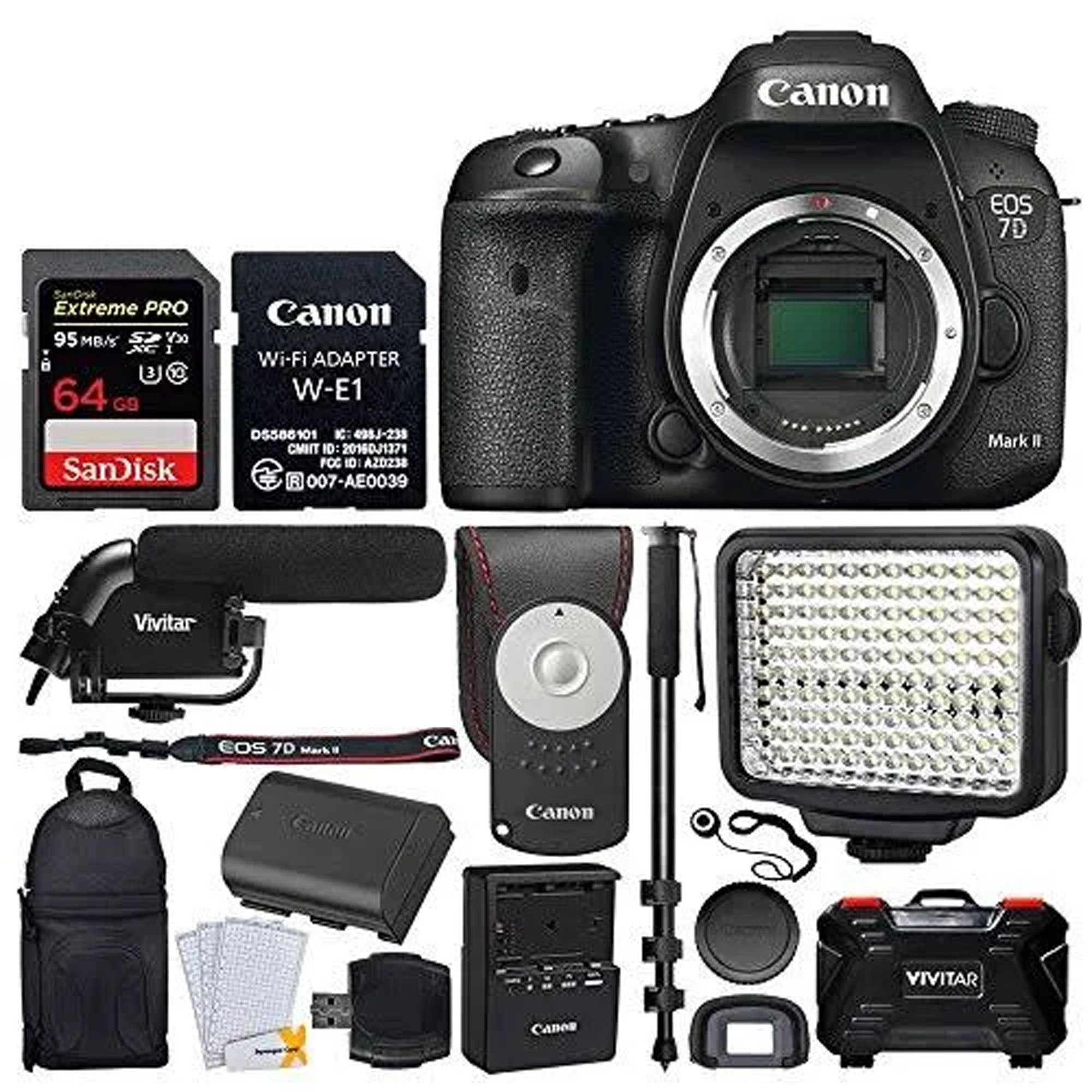 Canon EOS 7D Mark II DSLR Camera Body with W-E1 Wi-Fi Adapter & 64GB Memory Card Bundle - Professional Photography for Travel, Sports, and Wildlife Shooting