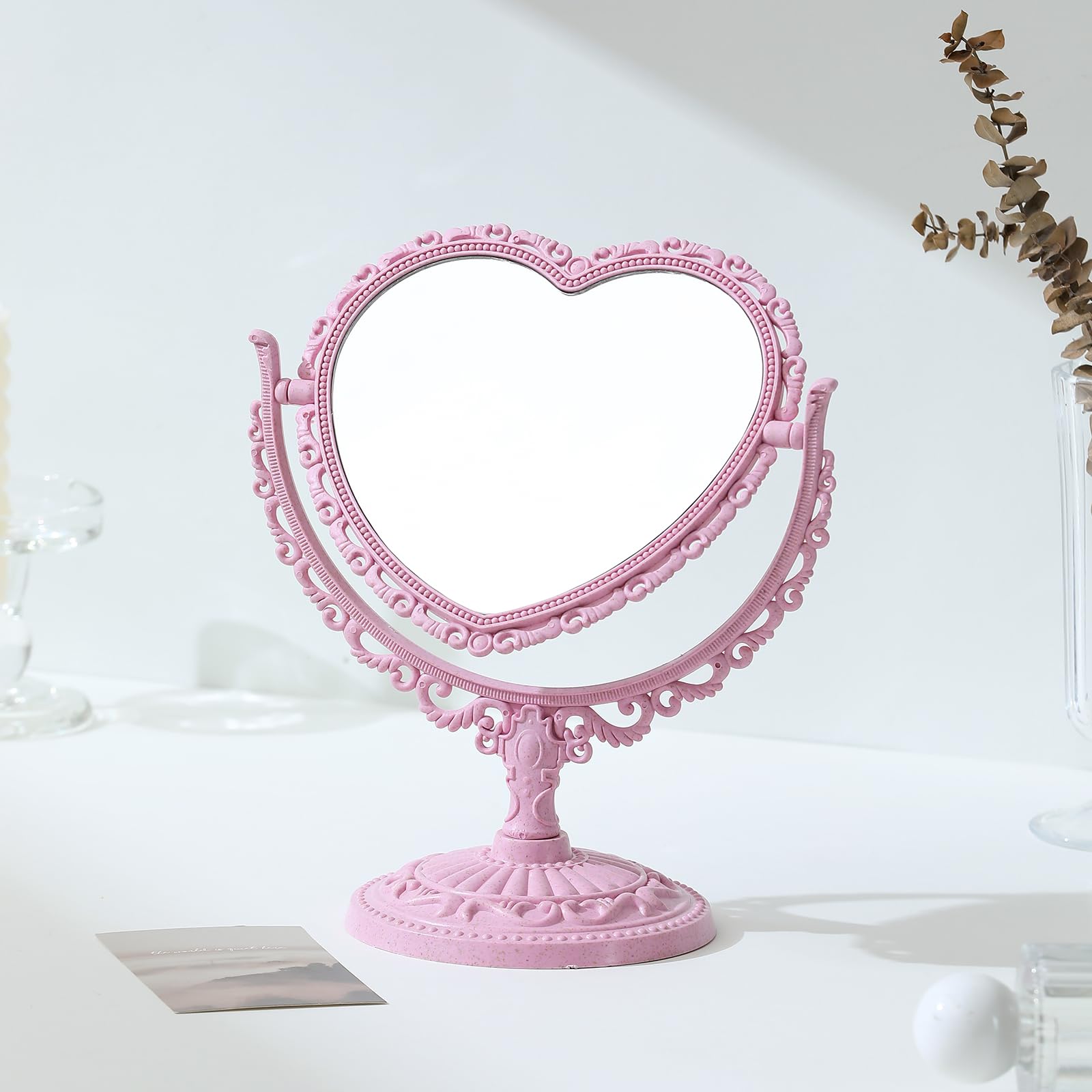 Vintage Heart Shaped Vanity Mirror - 7 Inch Double Sided 360° Rotating Makeup Mirror with Stand, Elegant Desk Mirror for Dressing Table, Bedroom & Bathroom (Pink) - Perfect for Makeup Application, Home Decor & Gift Giving