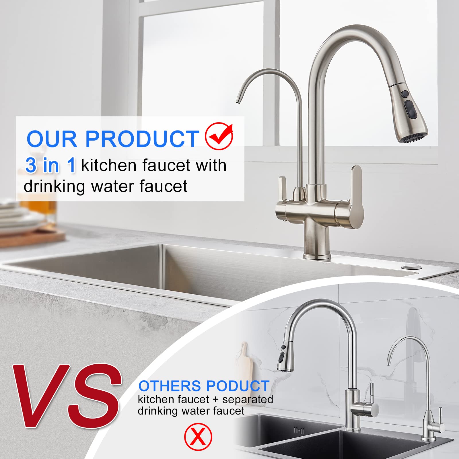 TSIBOMU 3-in-1 Pull Down Kitchen Faucet with Drinking Water Filter - Brushed Nickel Finish | 2 Handle Design for Easy Control | Perfect for Modern Kitchens, Cooking & Dishwashing