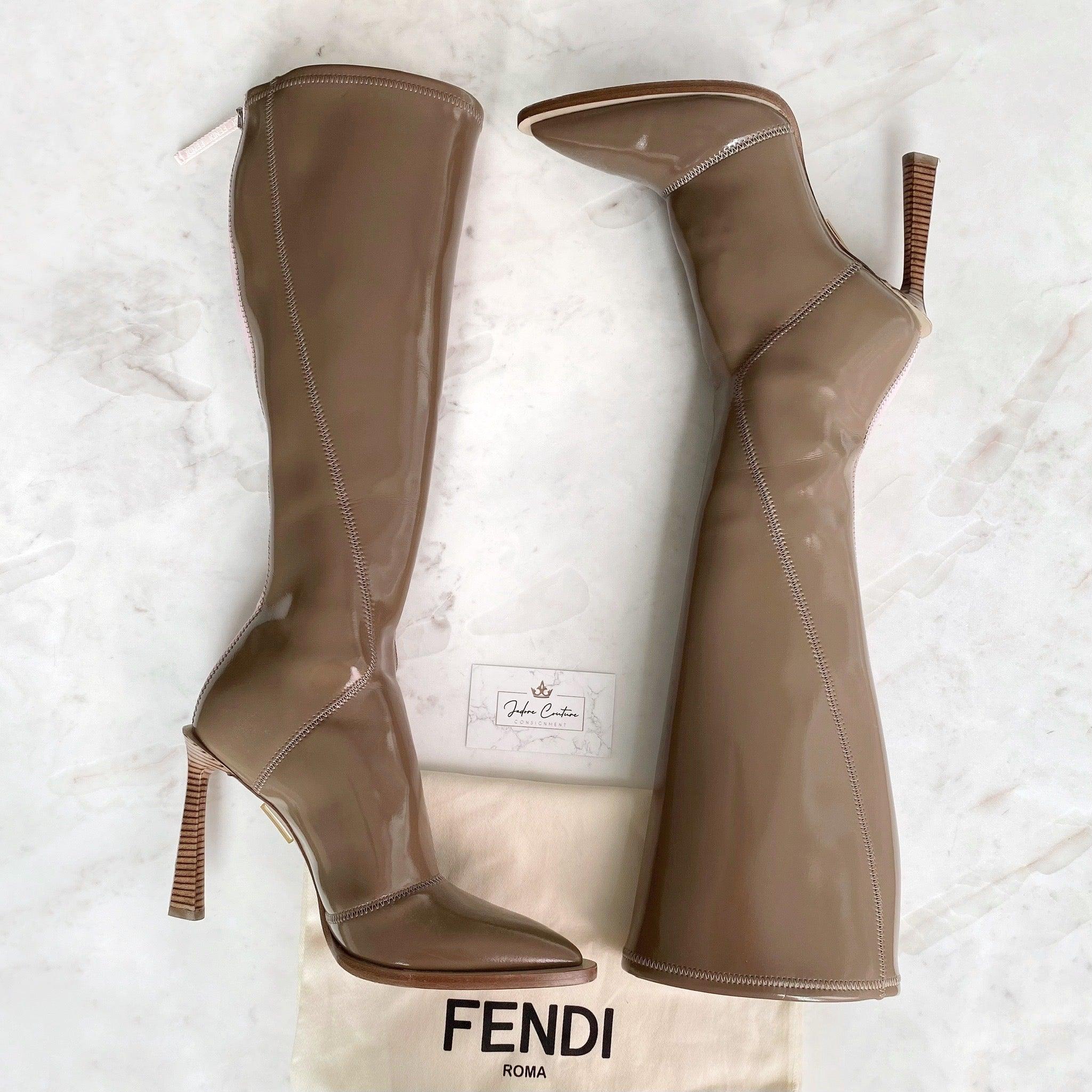 Fendi Taupe Knee High Boots for Women - 105mm Heel, Size 39.5 - Luxury Leather Boots for Fall Winter Fashion, Office & Evening Events