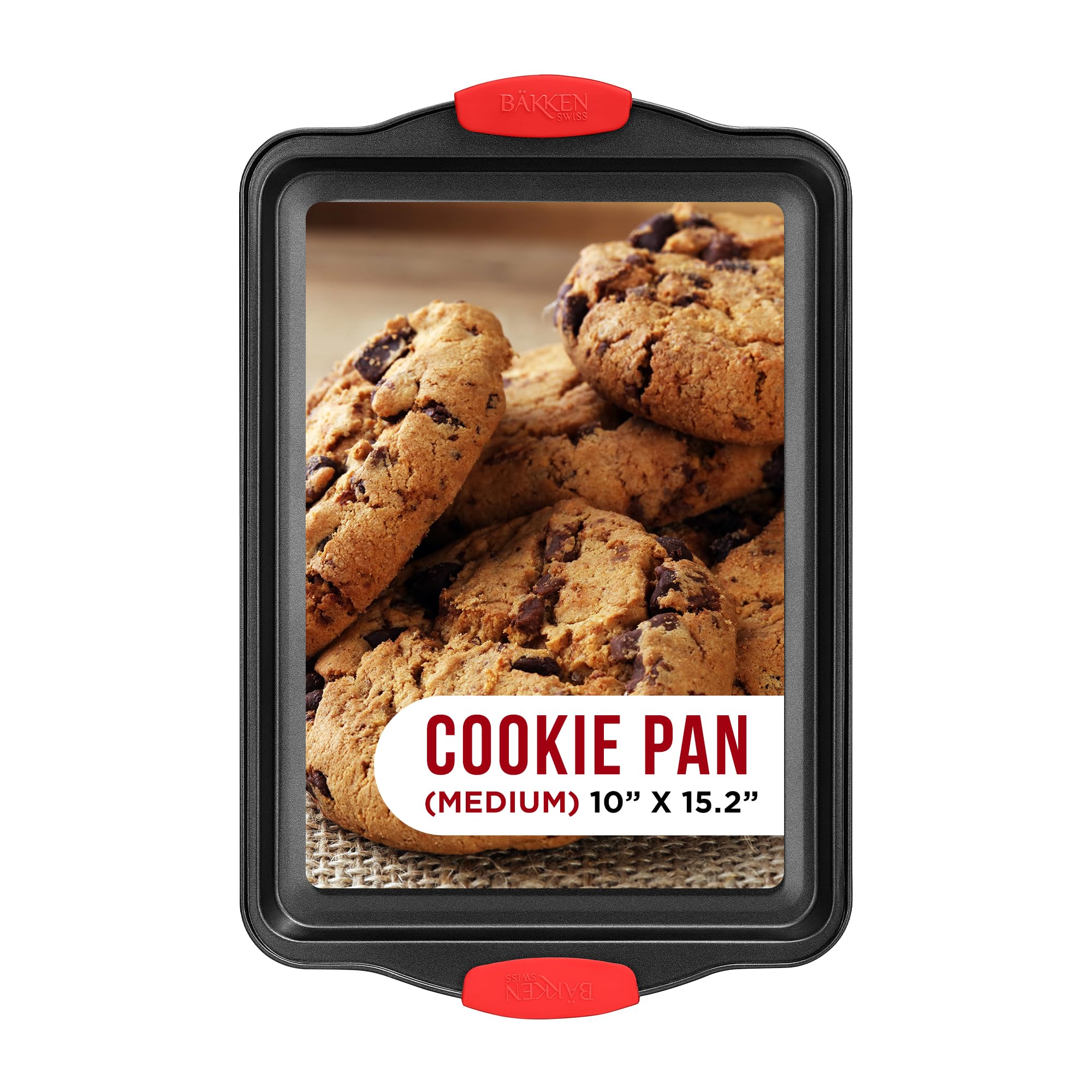 Nonstick Carbon Steel Cookie Sheet Pan with Red Silicone Handles - Medium Baking Tray with Gray Coating for Oven, Baking Cookies, Roasting Vegetables & More - Perfect for Home Kitchen & Commercial Use
