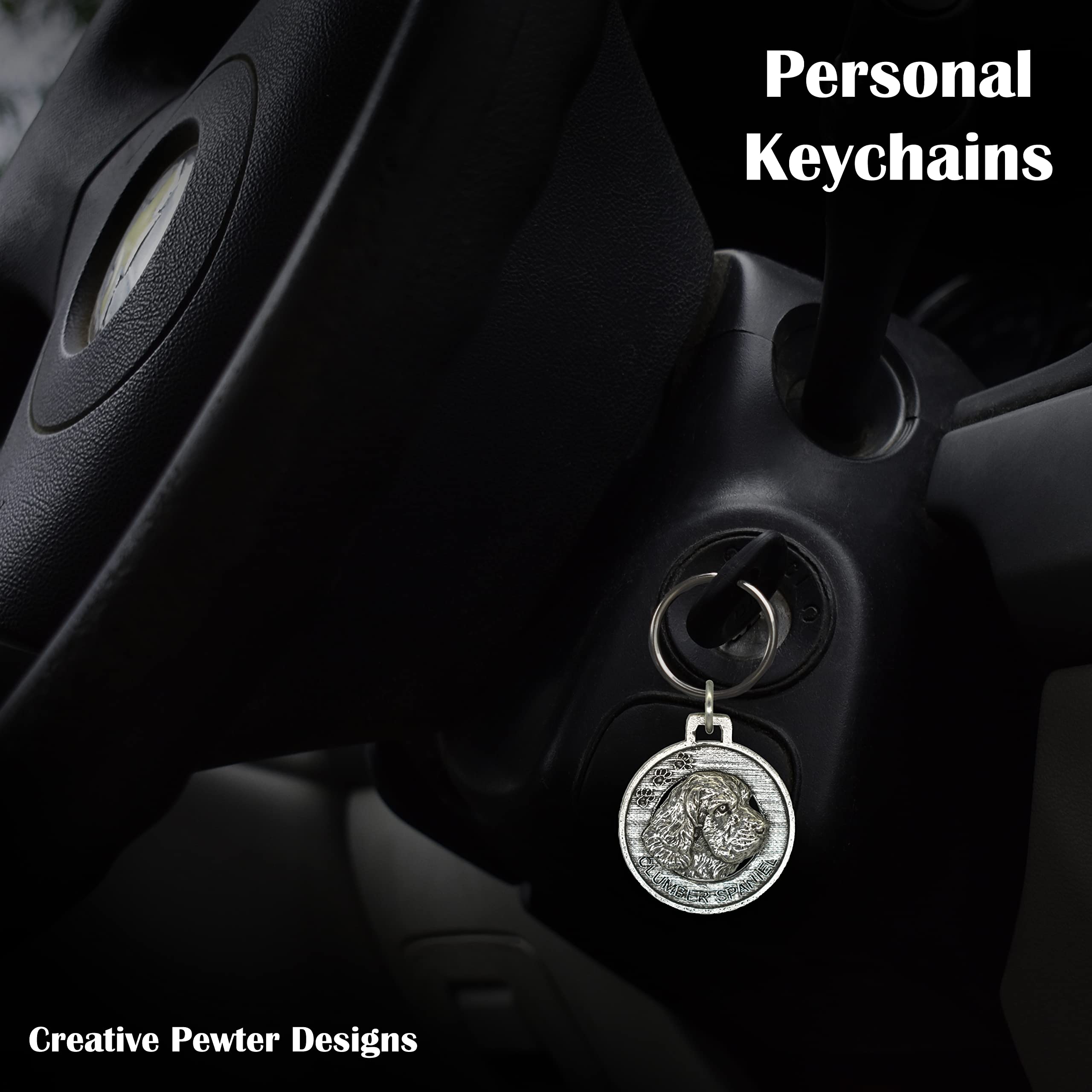 Handmade Pewter Clumber Spaniel Dog Keychain - USA Made Pet Tag, Metal Key Ring & Key Fob Gift (1.5 Inch) - Perfect for Dog Lovers, Pet Accessories & Key Organization