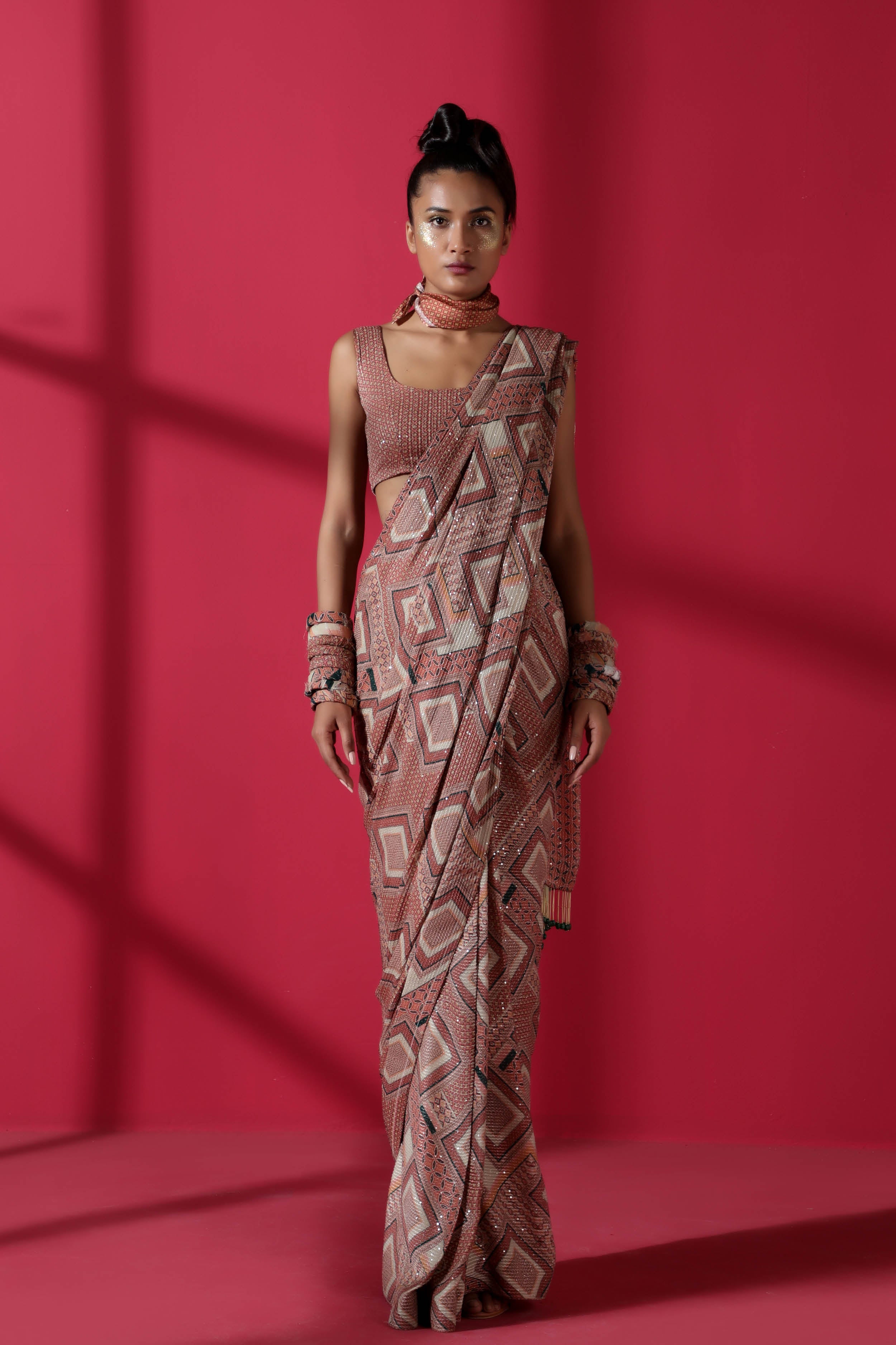 Terracotta Tile Print Two Piece Pre-Pleated Saree with Georgette Blouse - Elegant Indian Ethnic Wear for Weddings, Parties & Festive Occasions
