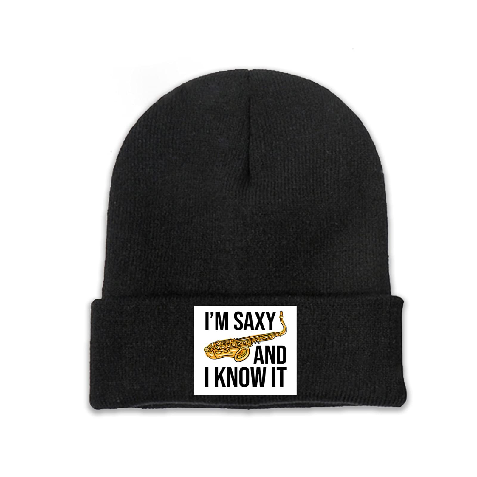 Funny Saxophone 'I'm Saxy and I Know It' Beanie - Unisex Knit Skull Cap for Men, Women & Kids - Black Cuffed Winter Hat for Music Lovers & Jazz Fans - Perfect for Concerts, Gifts & Cold Weather