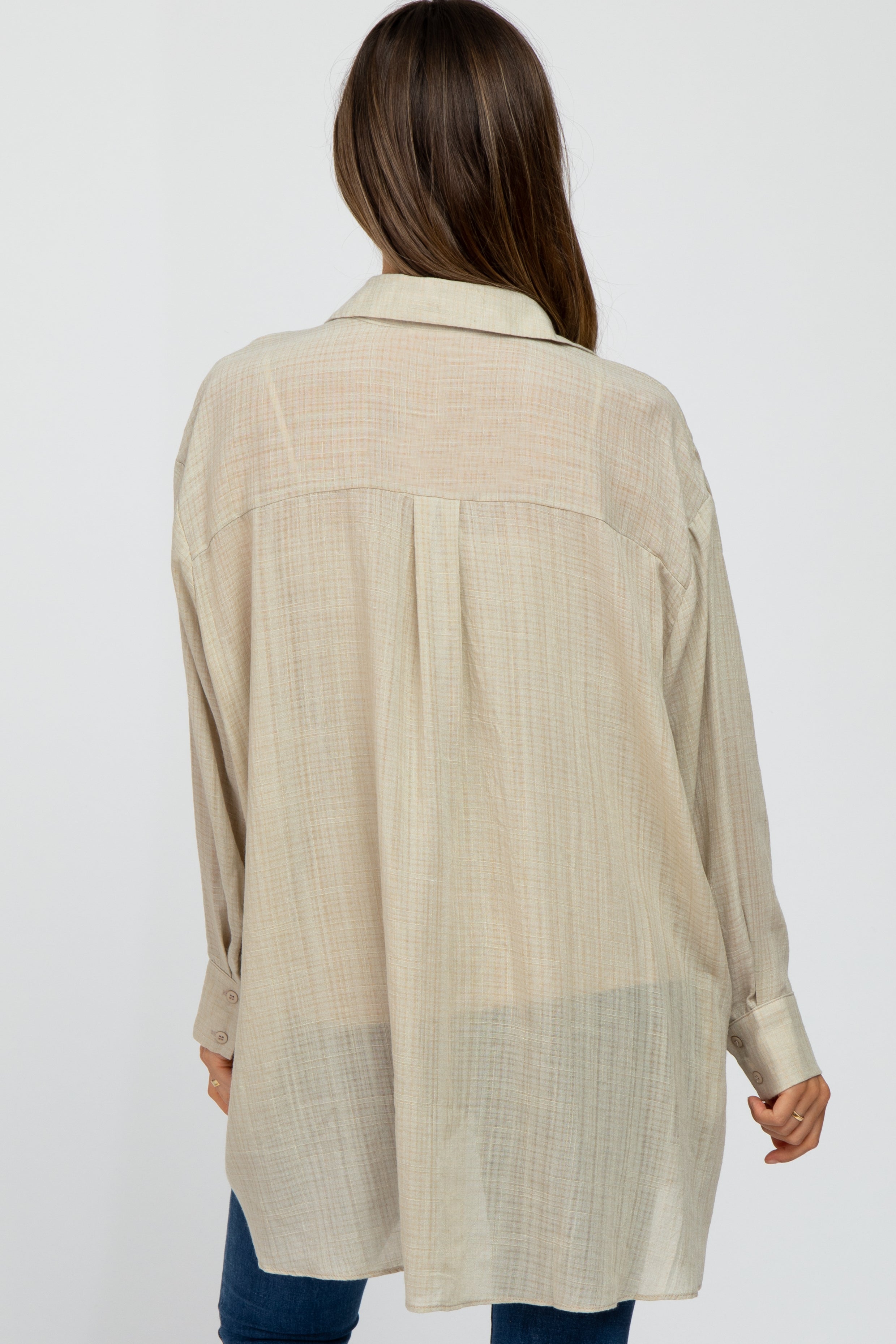 Lightweight Beige Sheer Button Down Maternity Blouse for Women - Comfortable Pregnancy Shirt for Work, Casual Outfits & Nursing