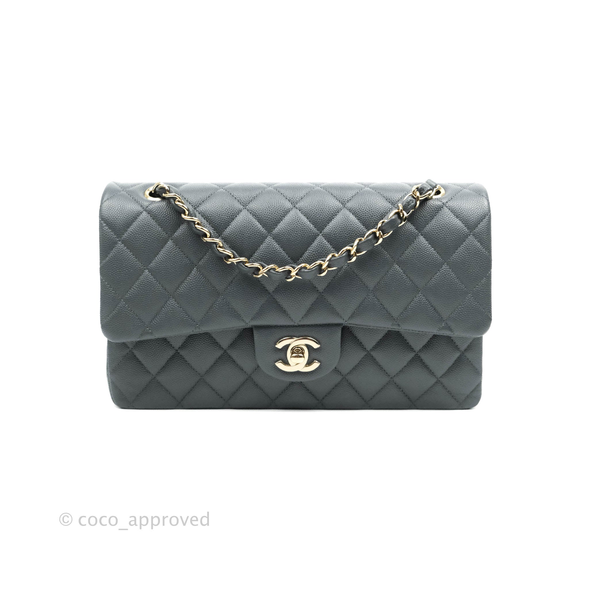 Chanel Classic Medium Double Flap Bag in Grey Caviar Leather with Gold Hardware - Timeless Luxury Handbag for Women | Perfect for Work, Evening Events & Special Occasions