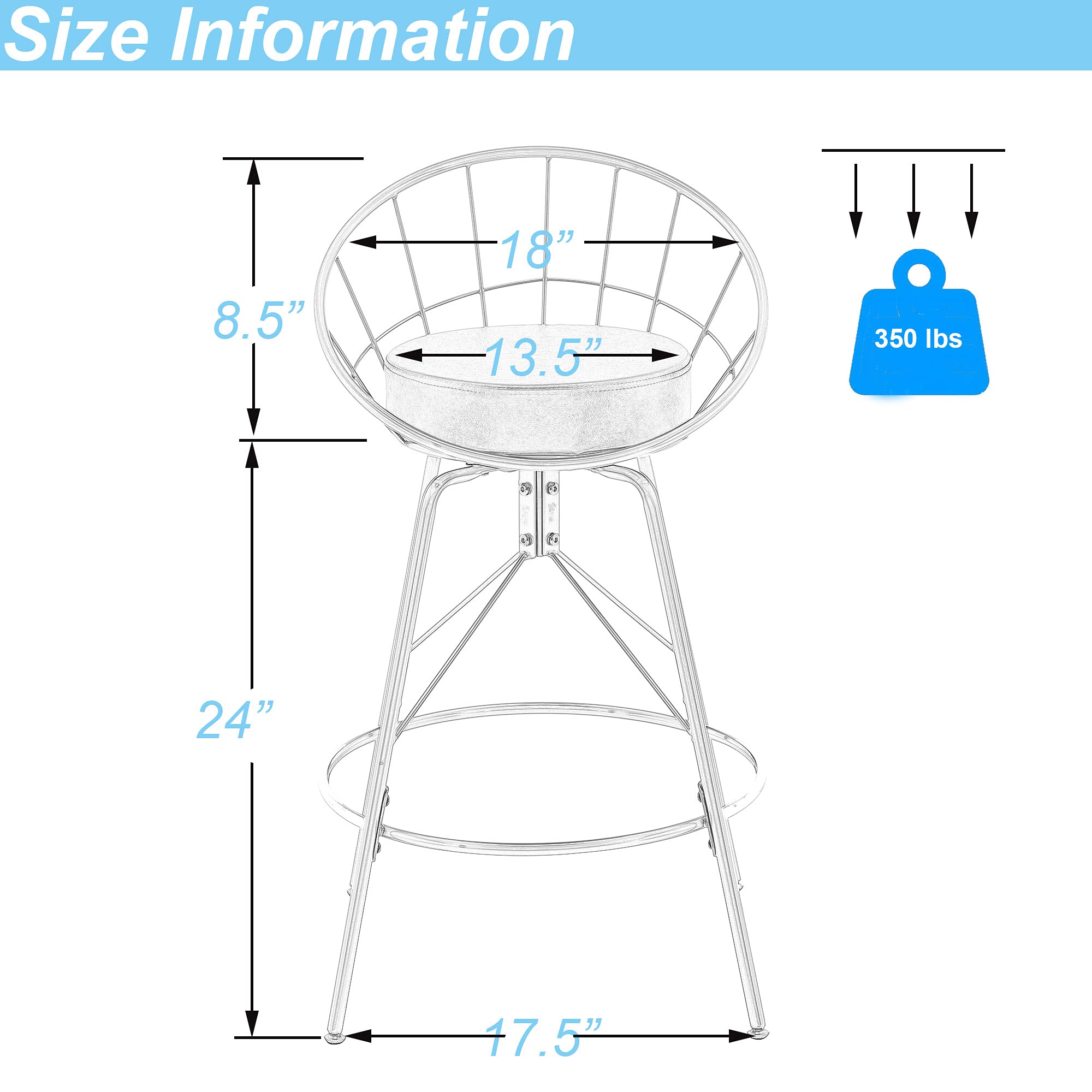 ALISH 24 Inch Swivel Counter Height Bar Stools with Back - Set of 2 Kitchen Bar Chairs (Gold Frame with Gray Cushion) for Dining Room, Kitchen Island & Home Bar Decor