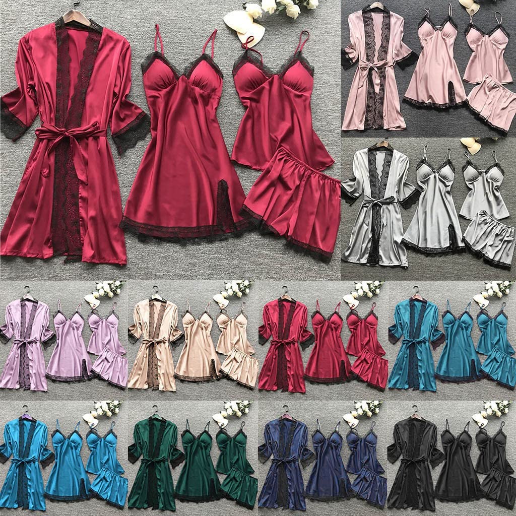 Women's 4-Piece Satin Pajama Set with Floral Lace Trim - Soft Comfy Sleepwear & Robe - Sexy Nightgown Lingerie for Valentine's Day, Anniversary Gift or Relaxing at Home