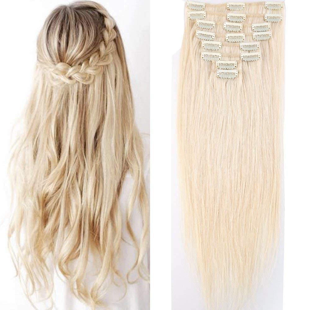 Clip-in Human Hair Extensions 8-Piece Set - 100% Remy Real Human Hair, Short Straight Thin Weft for Women (10 Inch/50g, 60 Platinum Blonde) - Perfect for Daily Styling, Volume Boost & Special Occasions