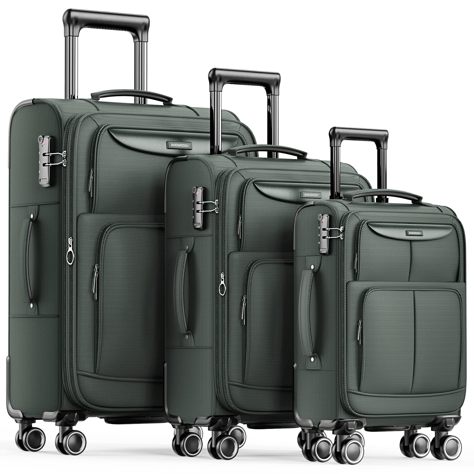 SHOWKOO 3-Piece Expandable Softside Luggage Set with Double Spinner Wheels & TSA Lock - Lightweight Durable Suitcases (20in/24in/28in) in Army Green - Perfect for Air Travel, Business Trips & Family Vacations