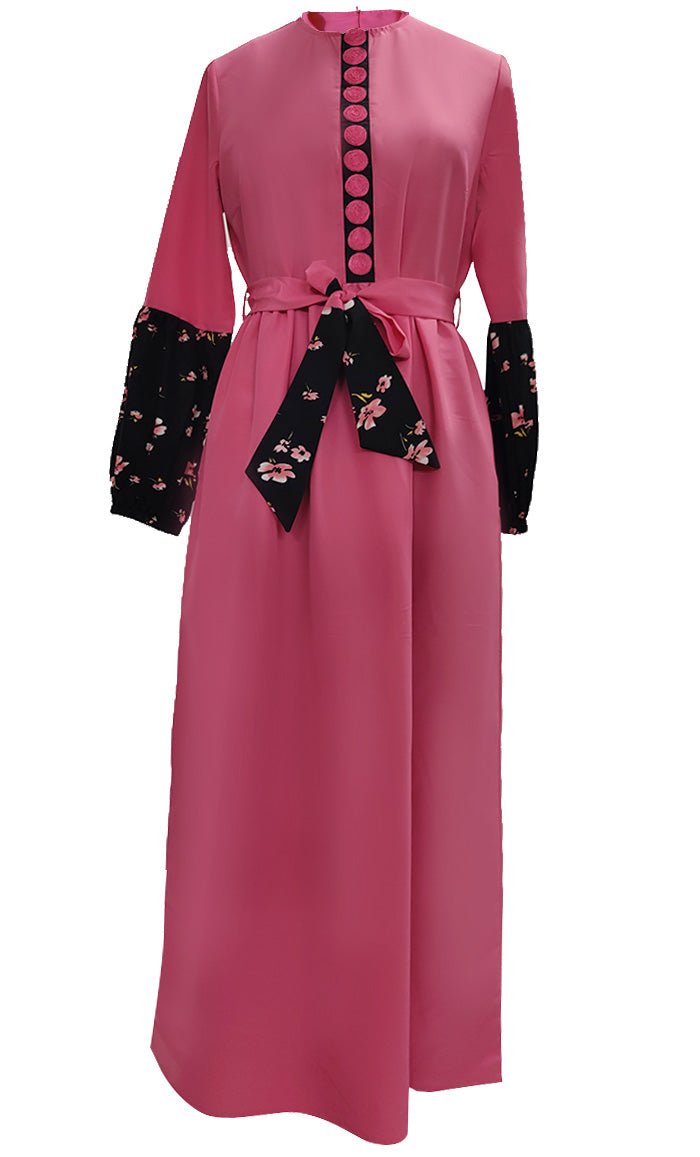 Elegant Printed Abaya with Contrast Detailing & Pockets - Modest Islamic Dress for Women - Perfect for Prayer, Mosque & Special Occasions