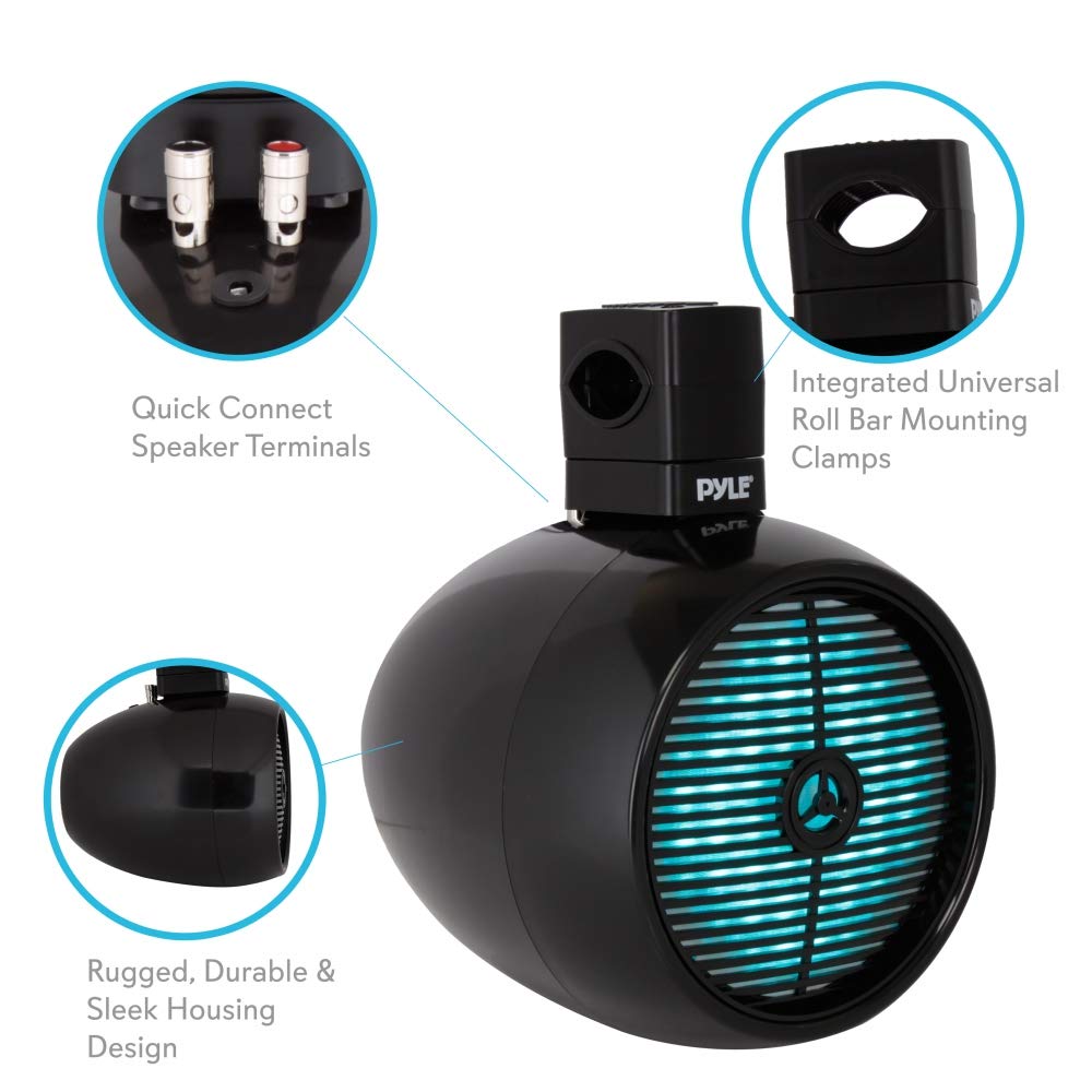 Pyle Marine Speakers - 8 Inch Waterproof IP44 Rated Wakeboard Tower Speakers with Built-in LED Lights, Weather Resistant Outdoor Stereo Sound System - 1 Pair Black (PLMRWB858LE) - Perfect for Boats, Wakeboarding, Pool Parties and Outdoor Entertainment