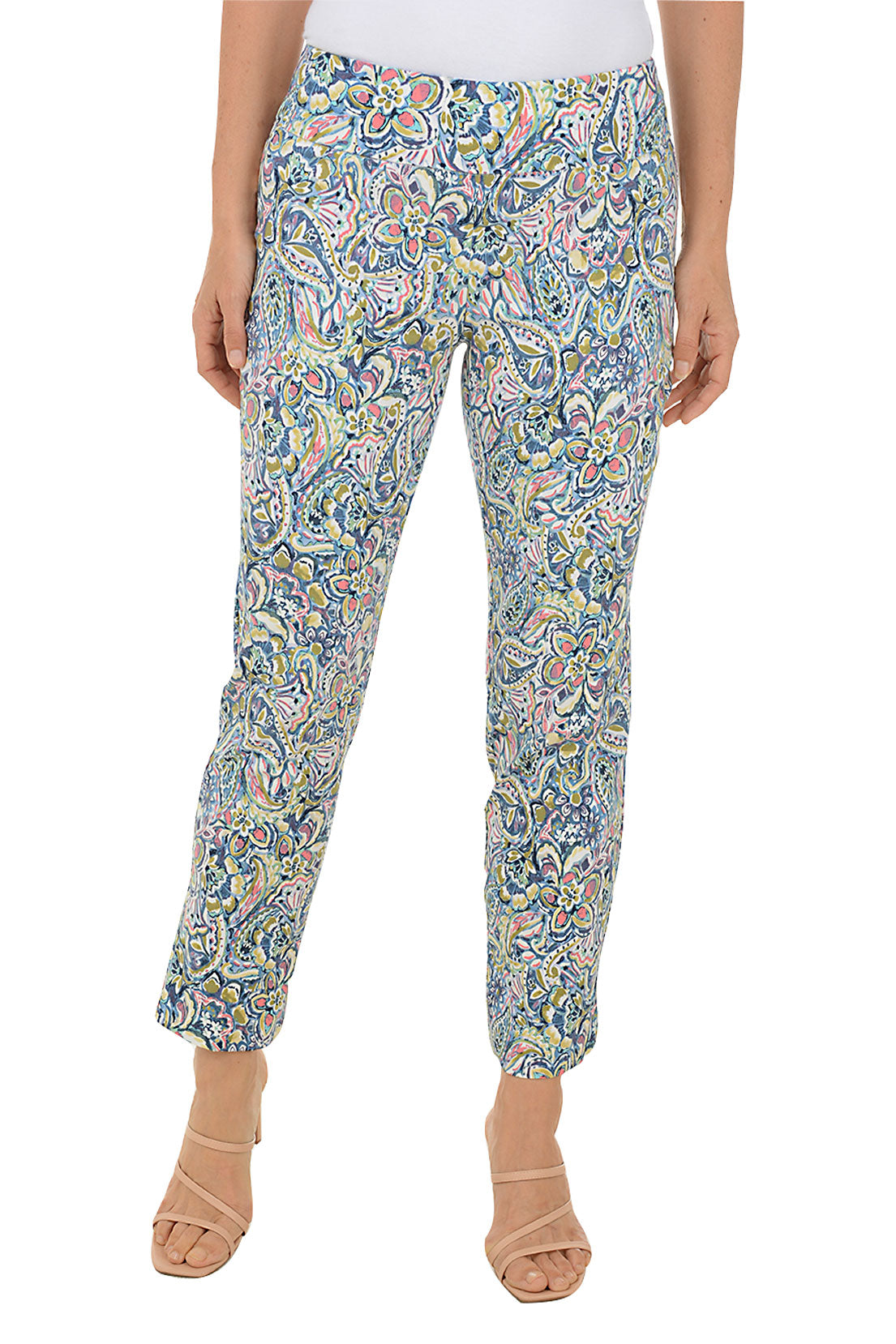 Stylish Petite Coral Paisley Pull-On Ankle Pants for Women - Comfortable Stretch Waist Casual Pants for Work, Travel & Everyday Wear